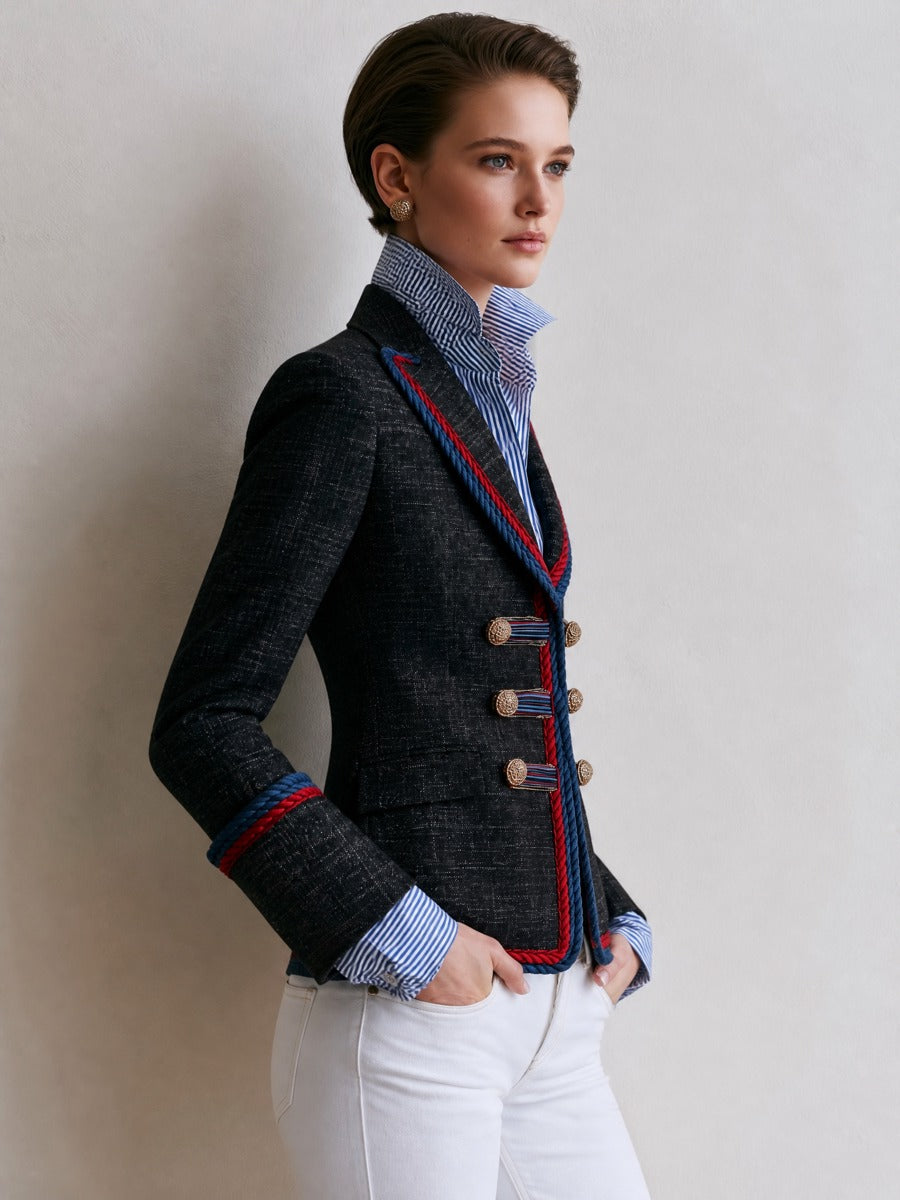 Black Tweed Trim‑Edged Waist‑Defined Short Blazer