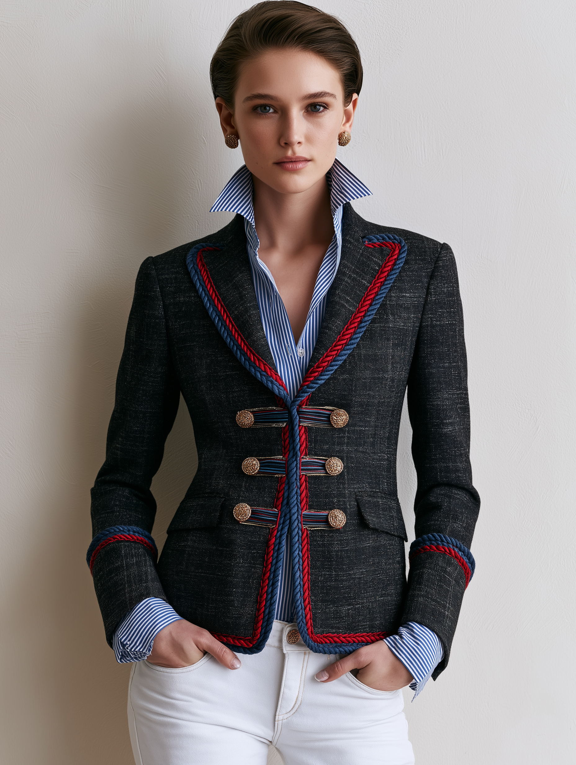 Black Tweed Trim‑Edged Waist‑Defined Short Blazer