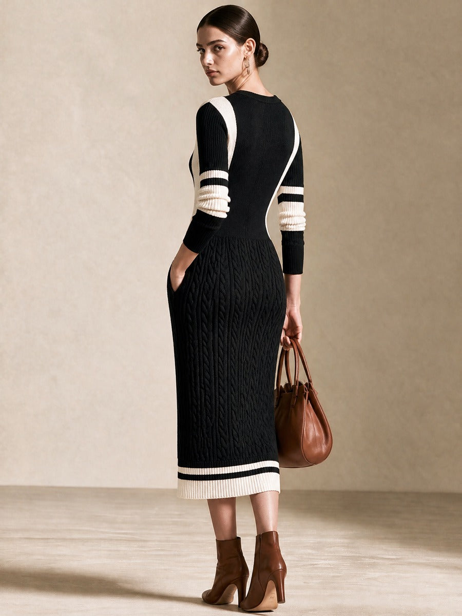 Black‑White Contrast Cable‑Knit Button‑Front Midi Knit Dress