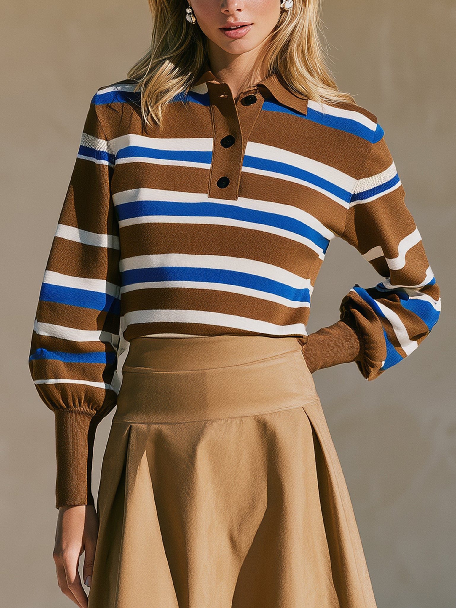 Brown Blue Striped Button Polo Knit Top