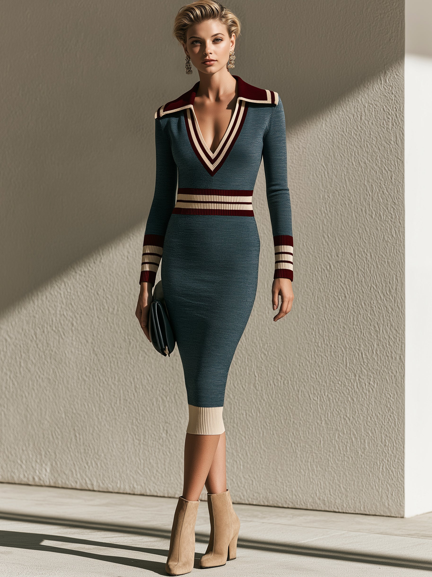 Teal Retro Color‑Block Midi Dress