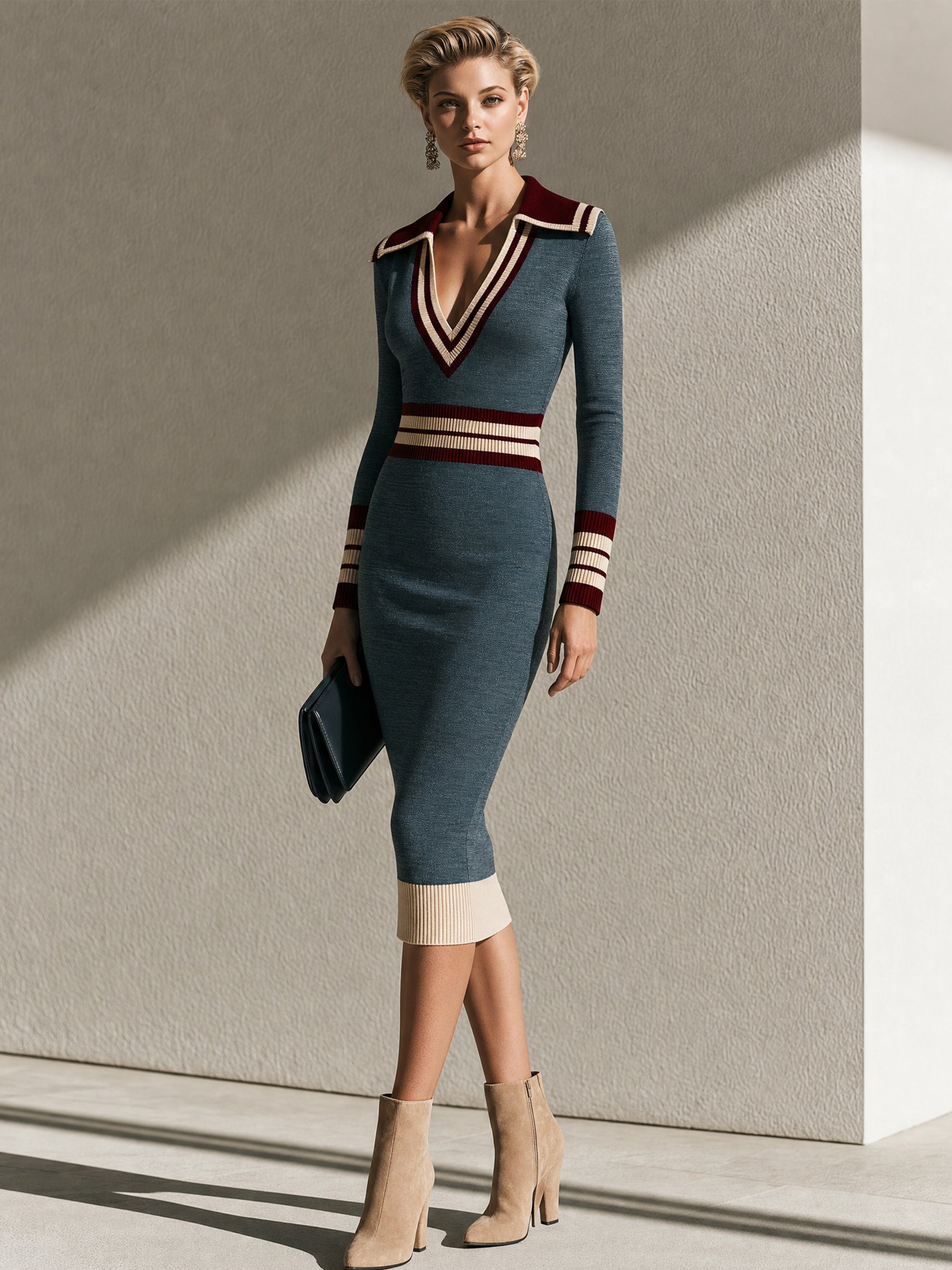 Teal Retro Color‑Block Midi Dress