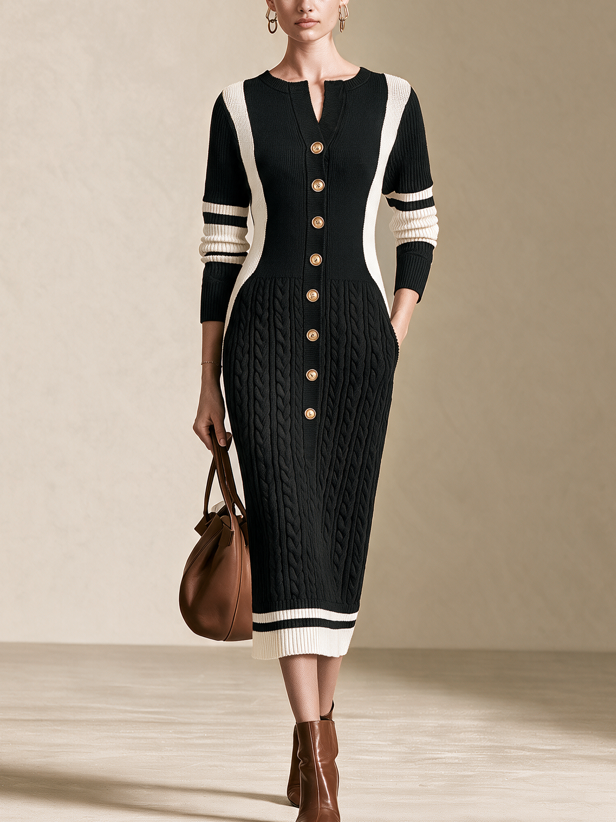 Black‑White Contrast Cable‑Knit Button‑Front Midi Knit Dress