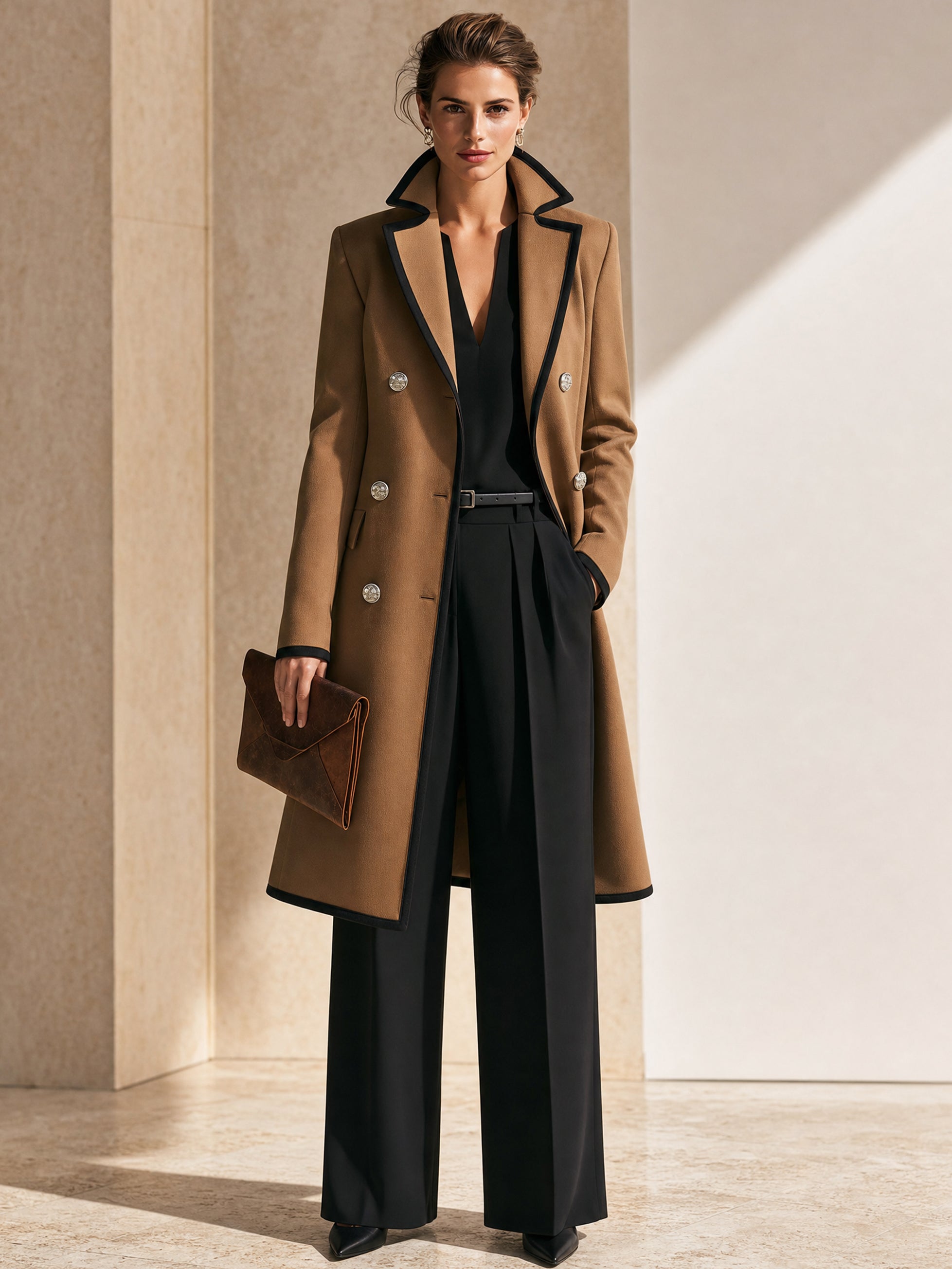 Camel Tailored Black Piping‑Trim Long Coat Outerwear