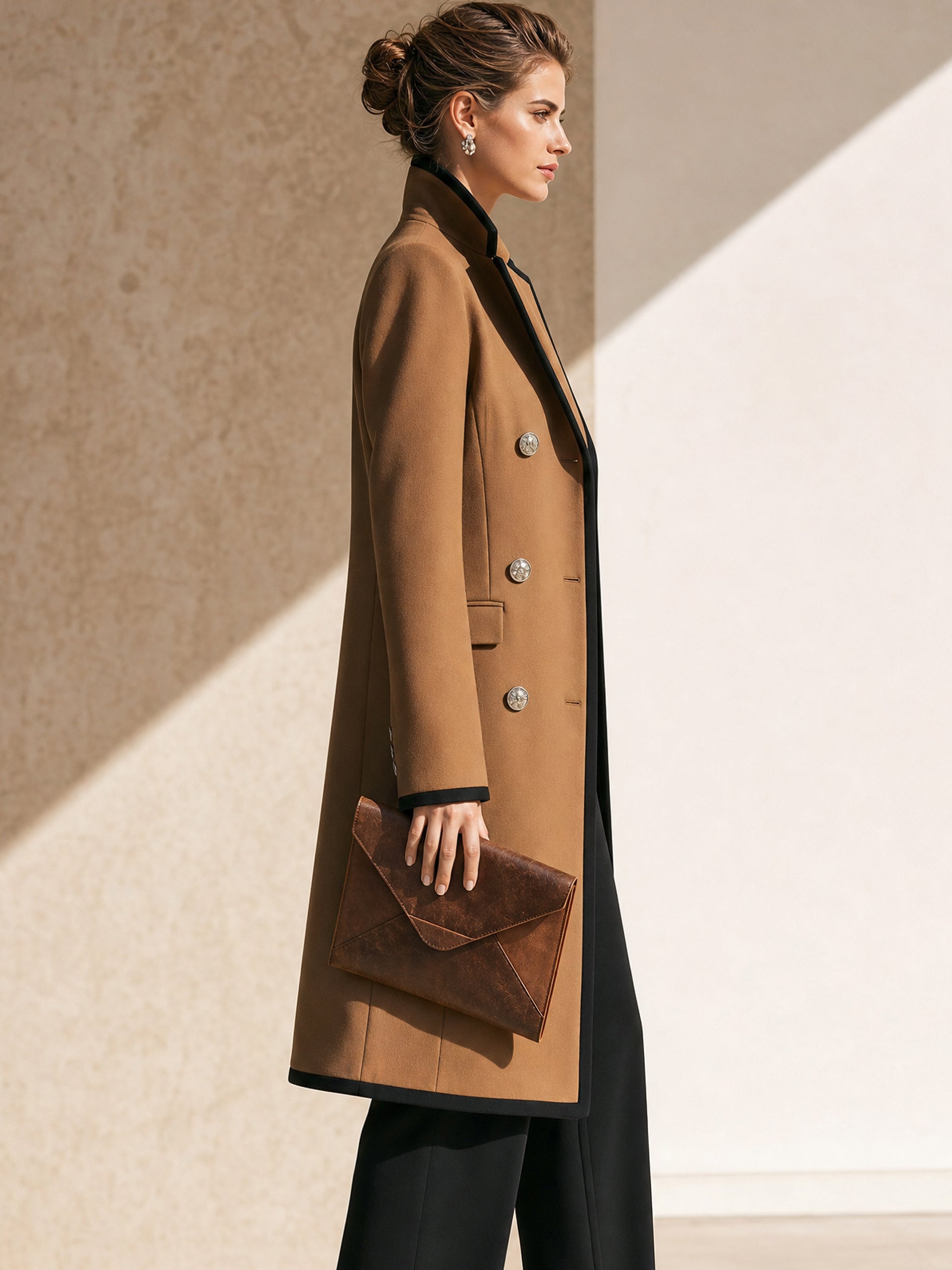 Camel Tailored Black Piping‑Trim Long Coat Outerwear