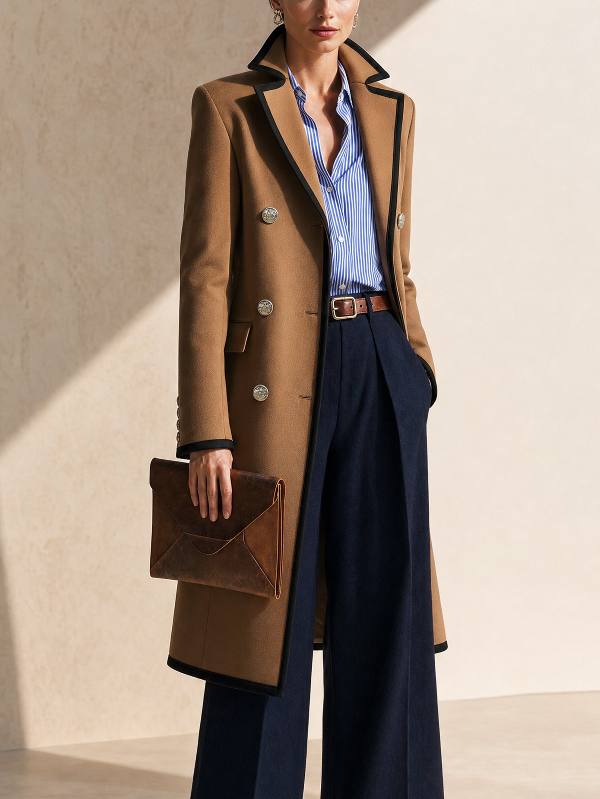 Camel Tailored Black Piping‑Trim Long Coat Outerwear