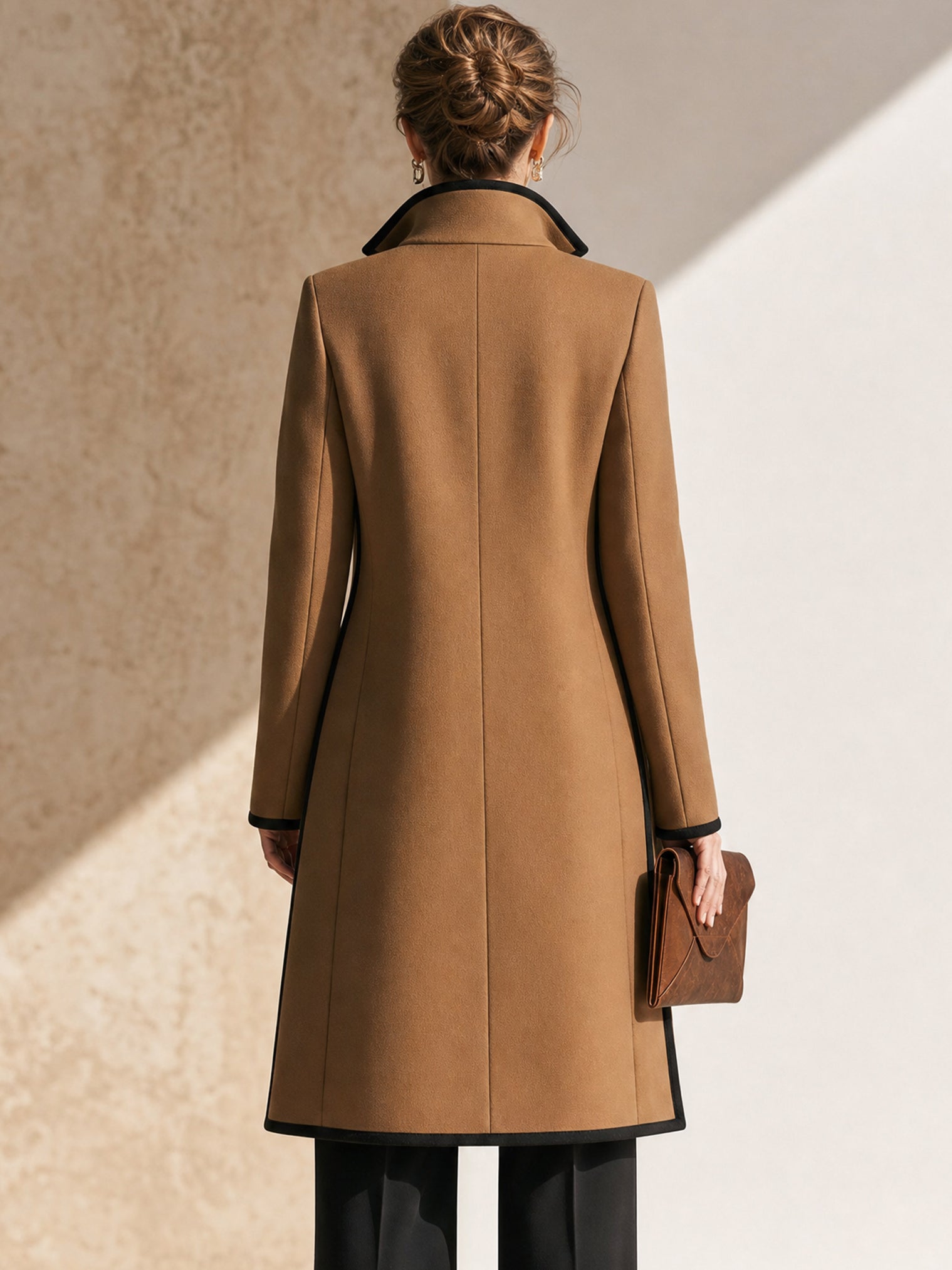 Camel Tailored Black Piping‑Trim Long Coat Outerwear