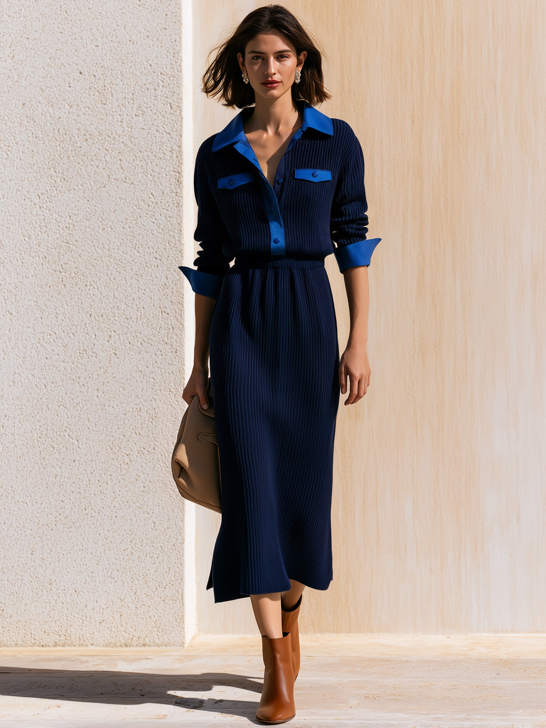 Color‑Block Shirt‑Style Knit Midi Dress