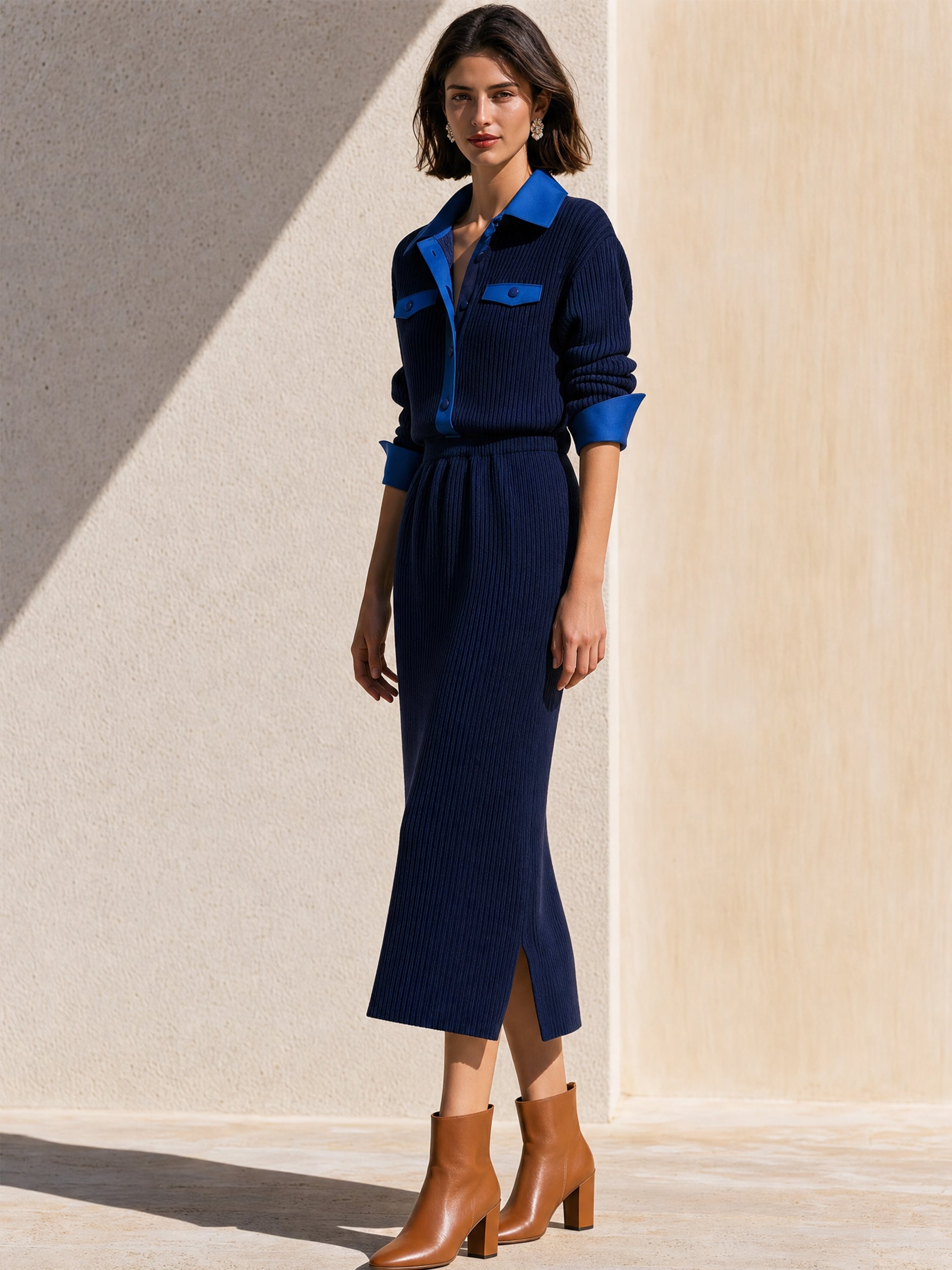 Color‑Block Shirt‑Style Knit Midi Dress