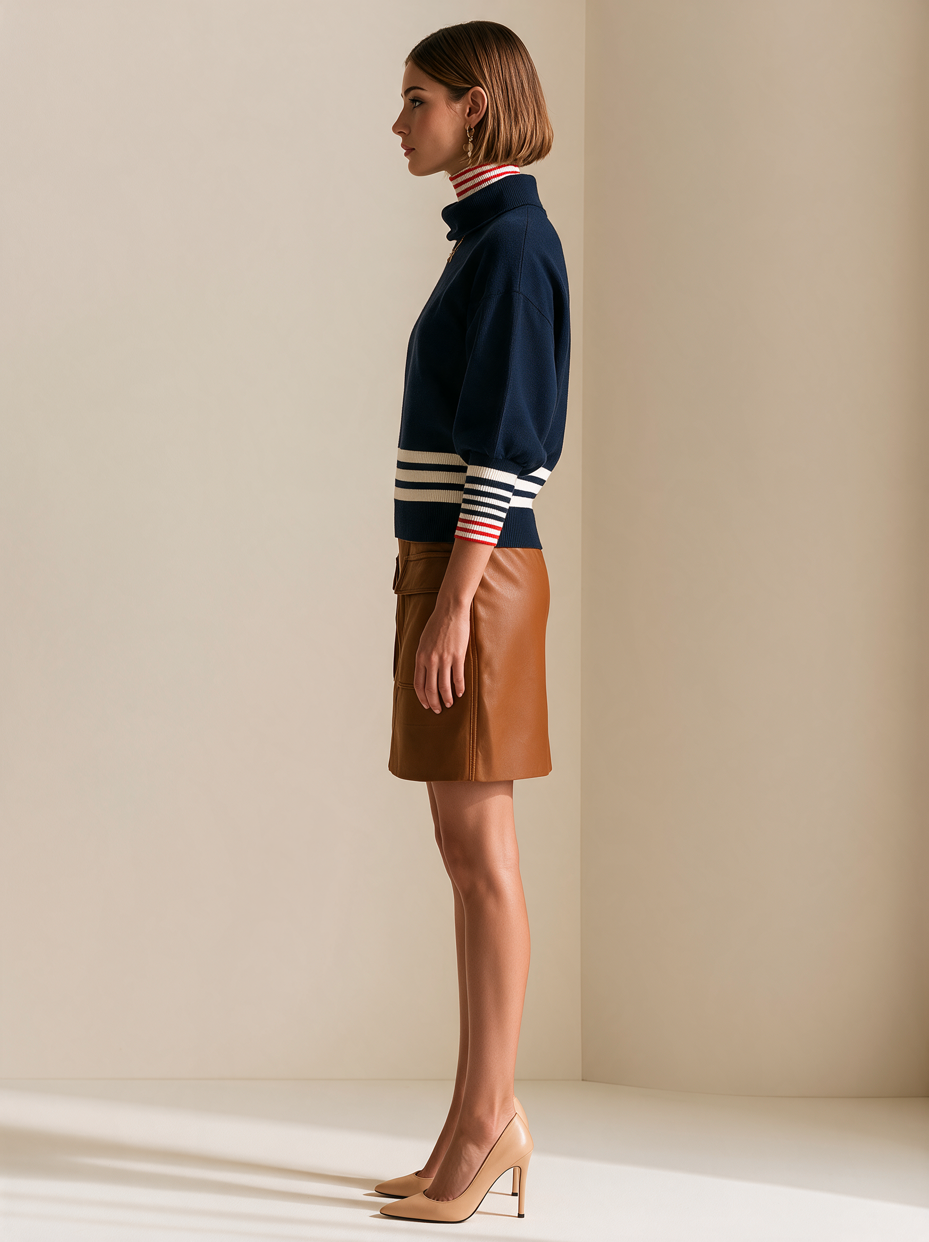 Navy Mock Neck Puff Sleeve Sweater With Striped Waist And Cuffs