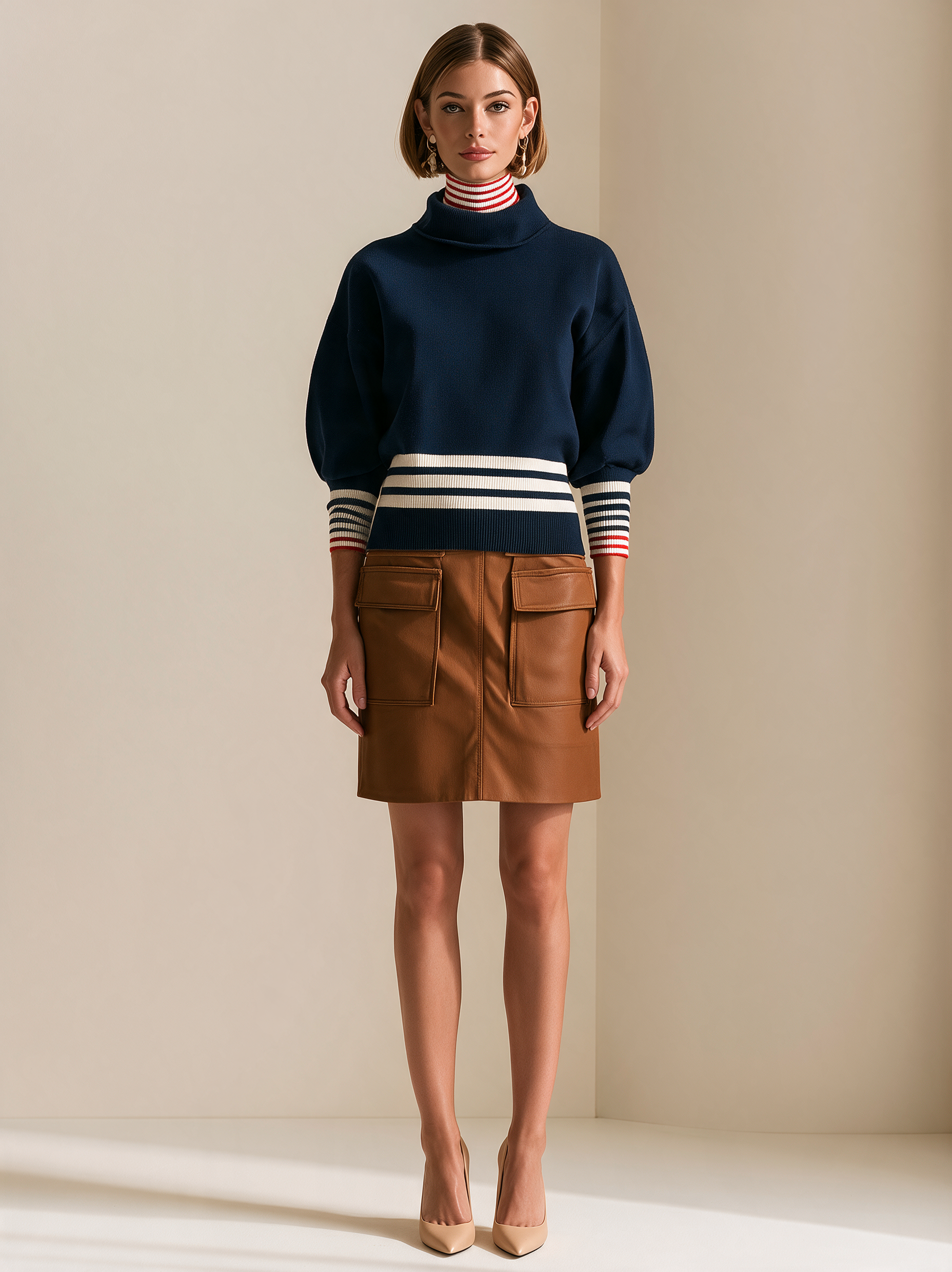 Navy Mock Neck Puff Sleeve Sweater With Striped Waist And Cuffs