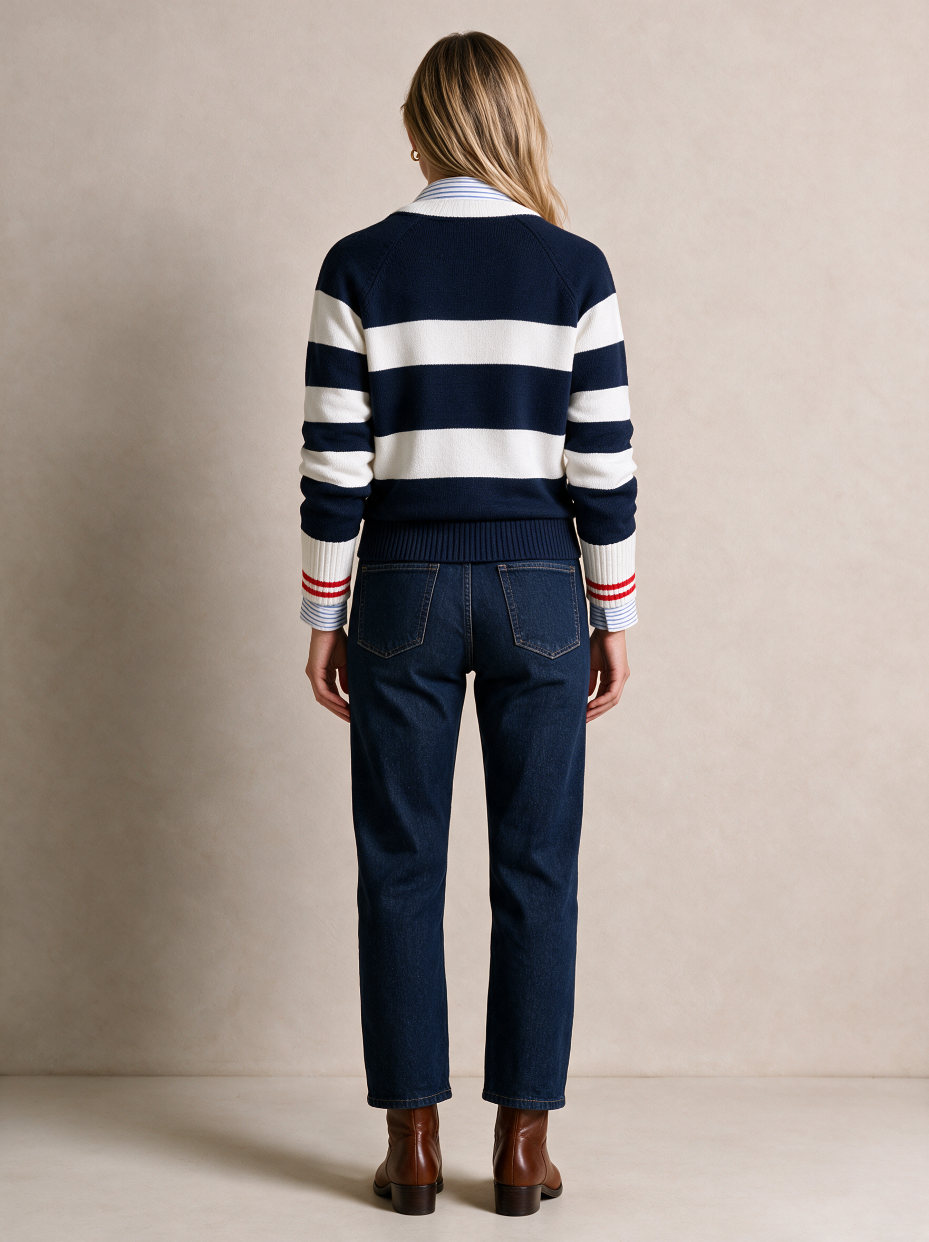 Navy Stripe Zip-Up Knit Cardigan With Stripe Shirt Layer