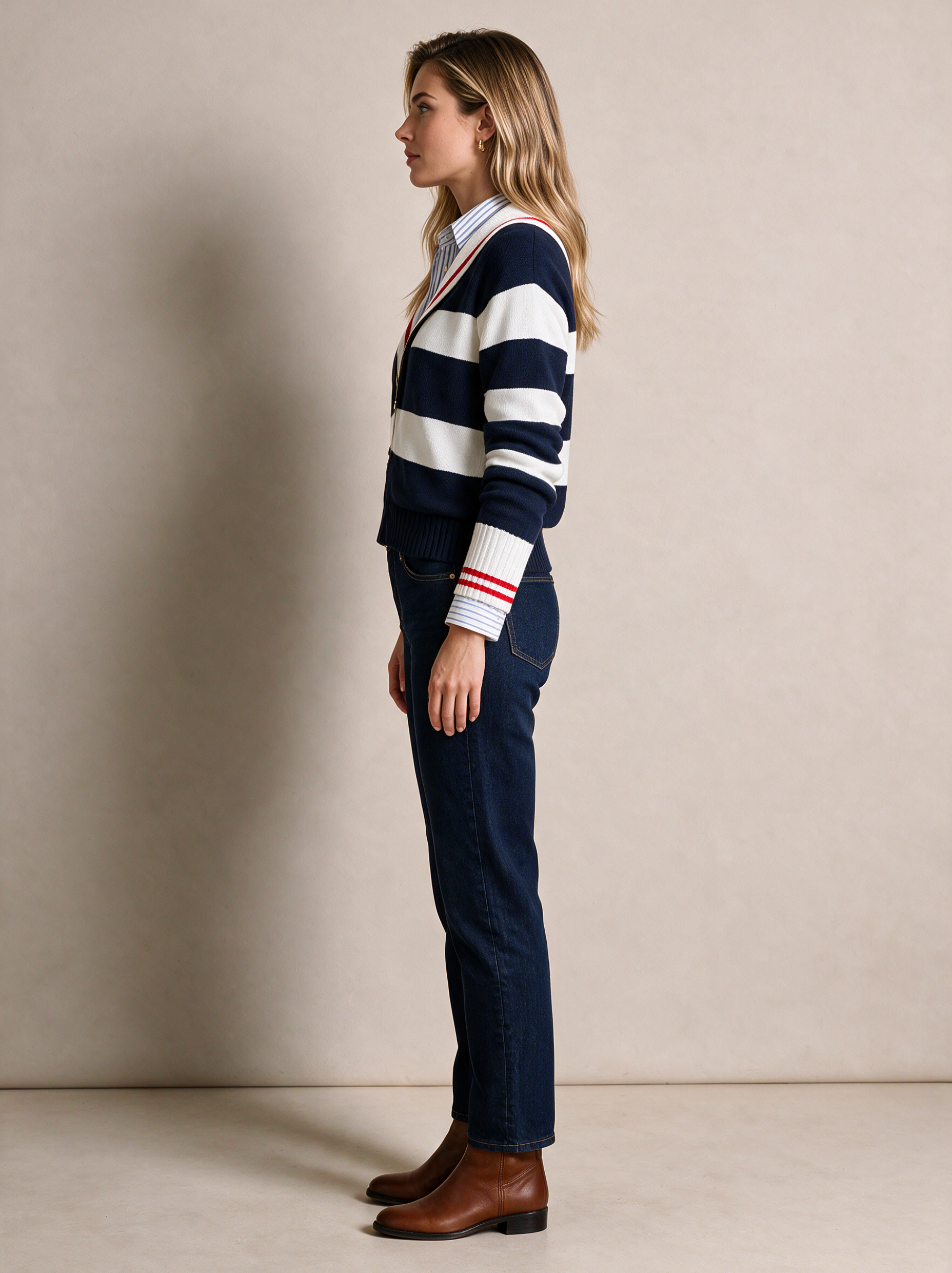 Navy Stripe Zip-Up Knit Cardigan With Stripe Shirt Layer
