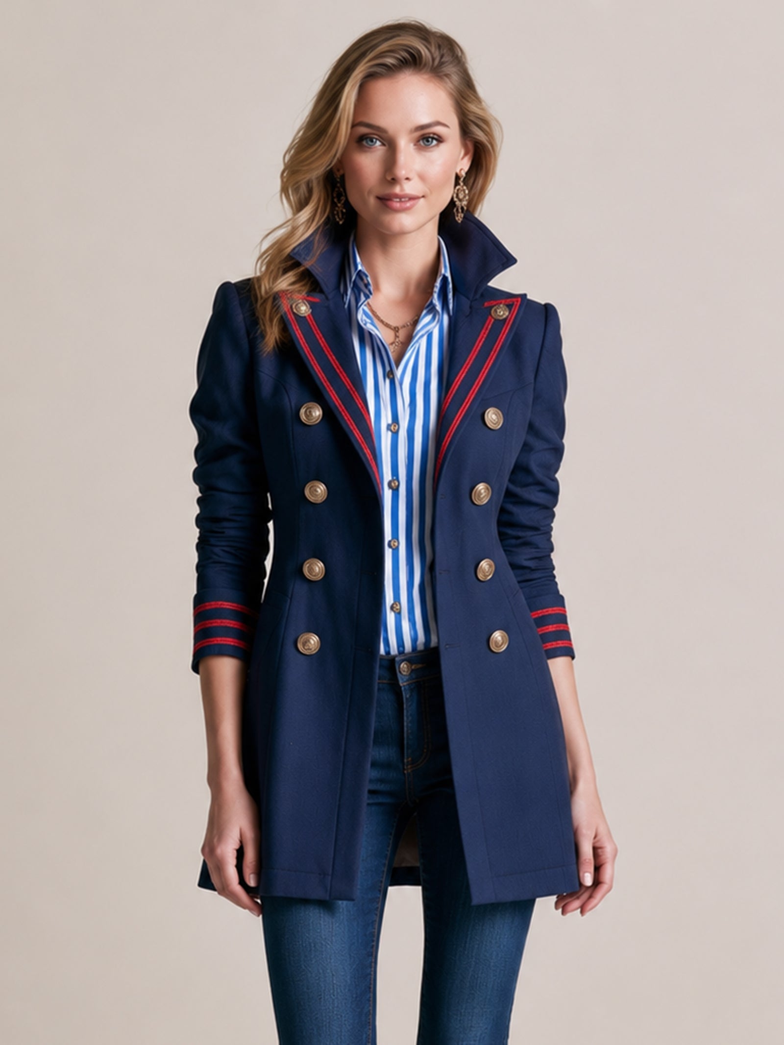Navy Double-Breasted Tailored Blazer Top With Red Trim And Stripe Shirt Layer