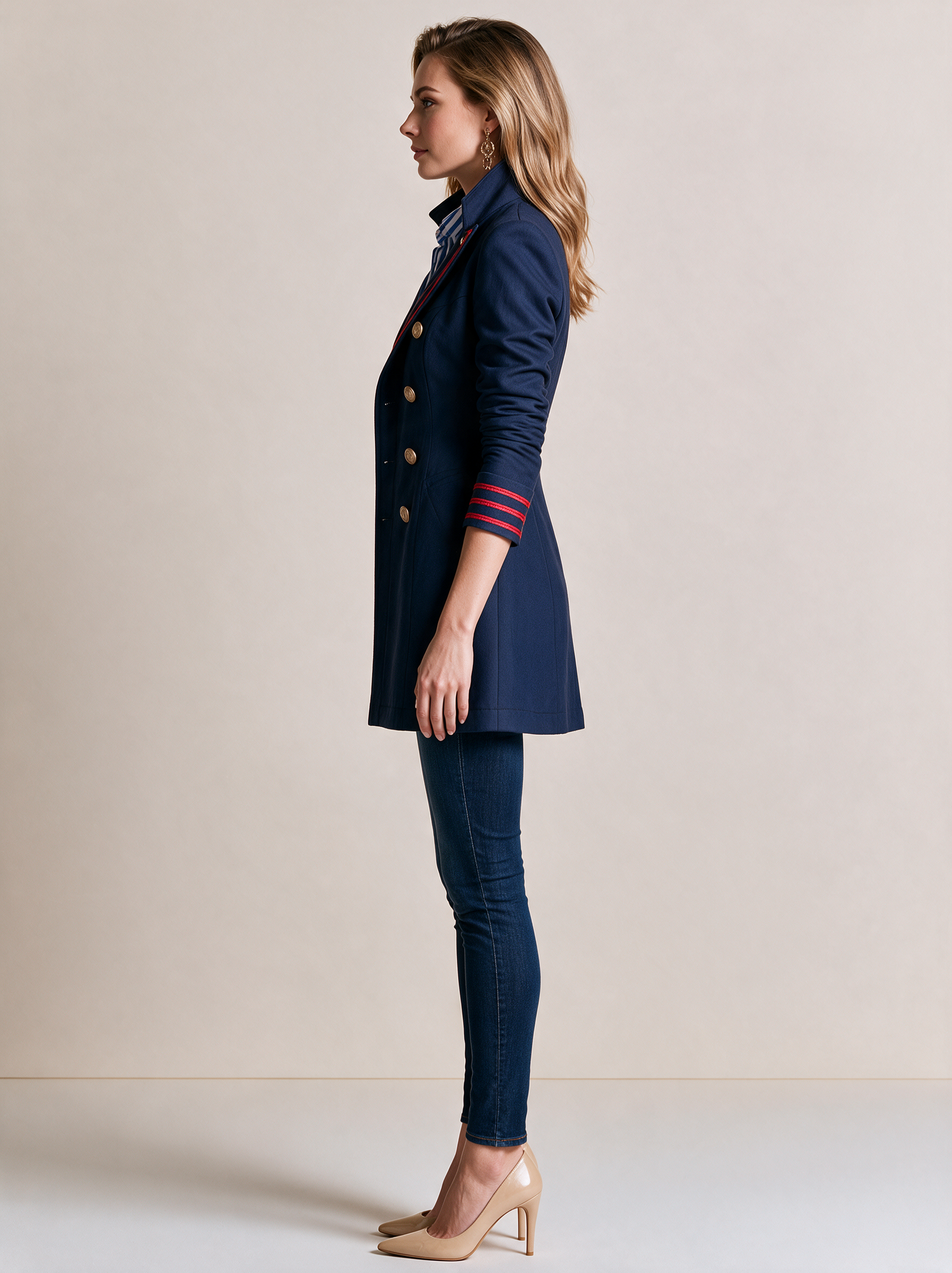 Navy Double-Breasted Tailored Blazer Top With Red Trim And Stripe Shirt Layer