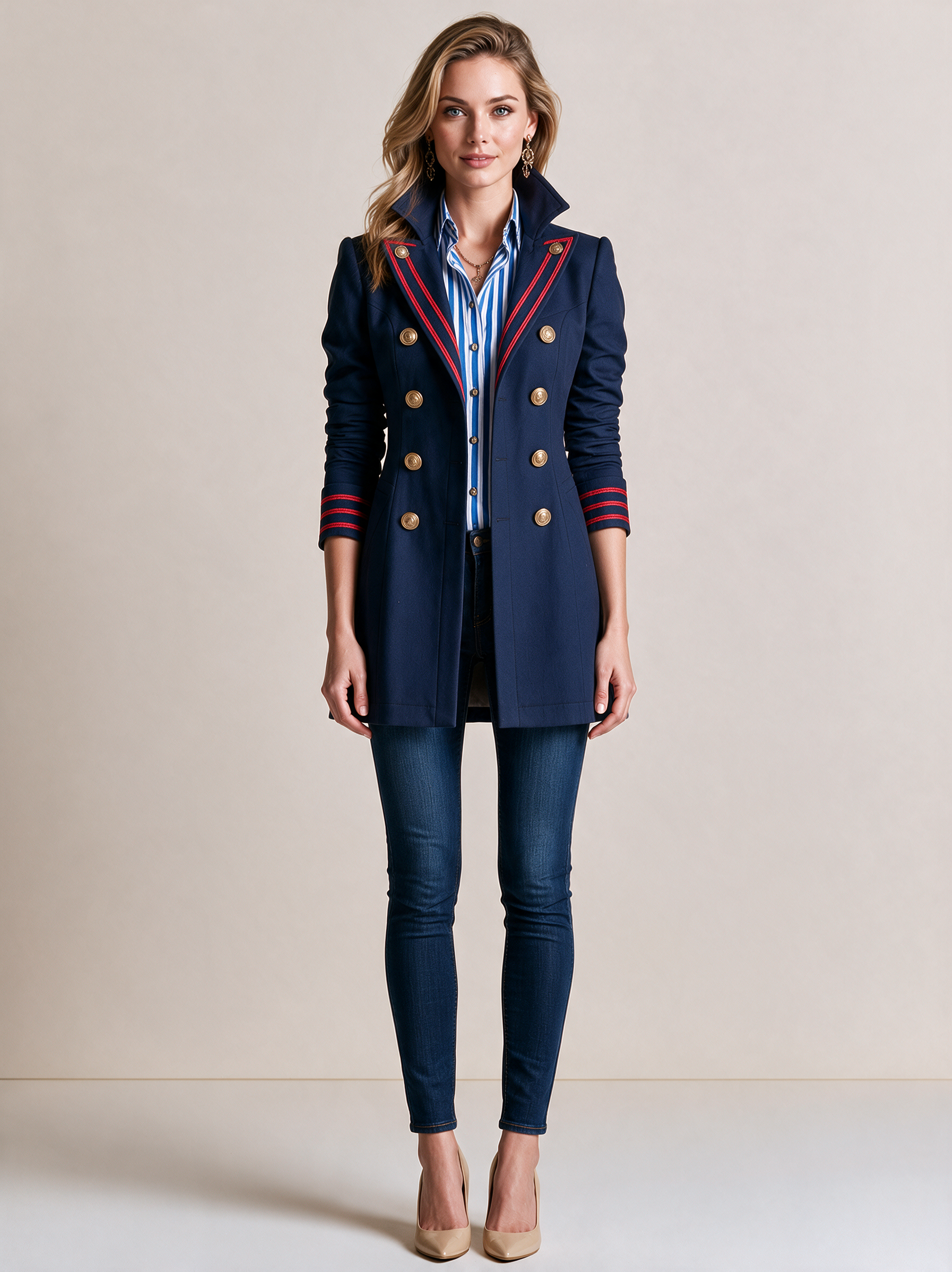 Navy Double-Breasted Tailored Blazer Top With Red Trim And Stripe Shirt Layer