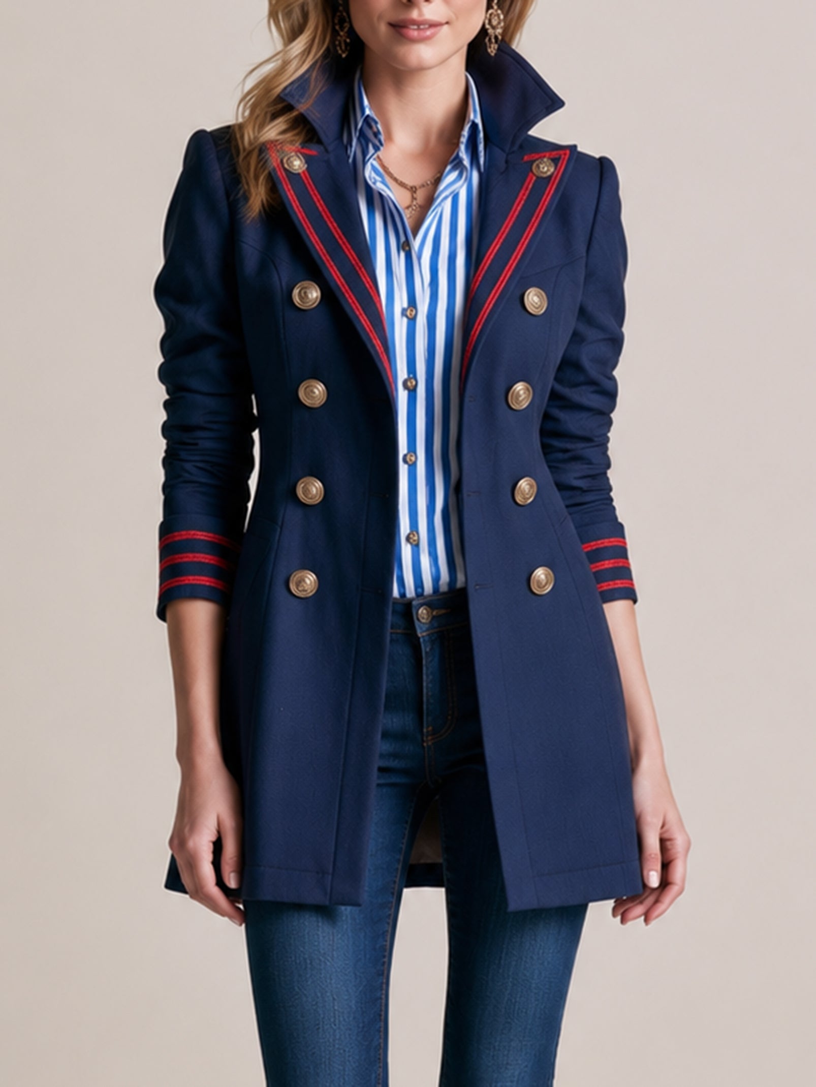 Navy Double-Breasted Tailored Blazer Top With Red Trim And Stripe Shirt Layer