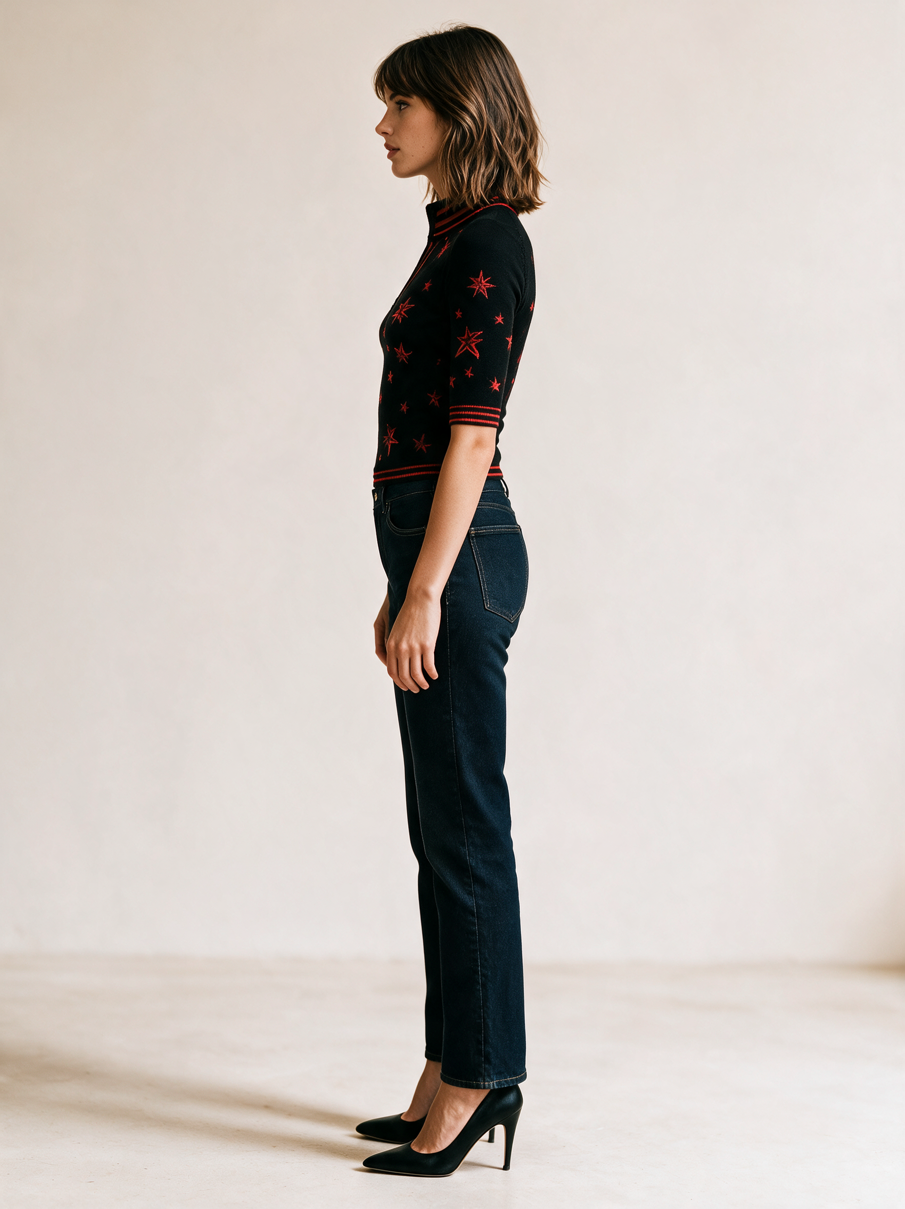 Black Star Print Zip-Neck Ribbed Knit Top With Red Stripe Trim