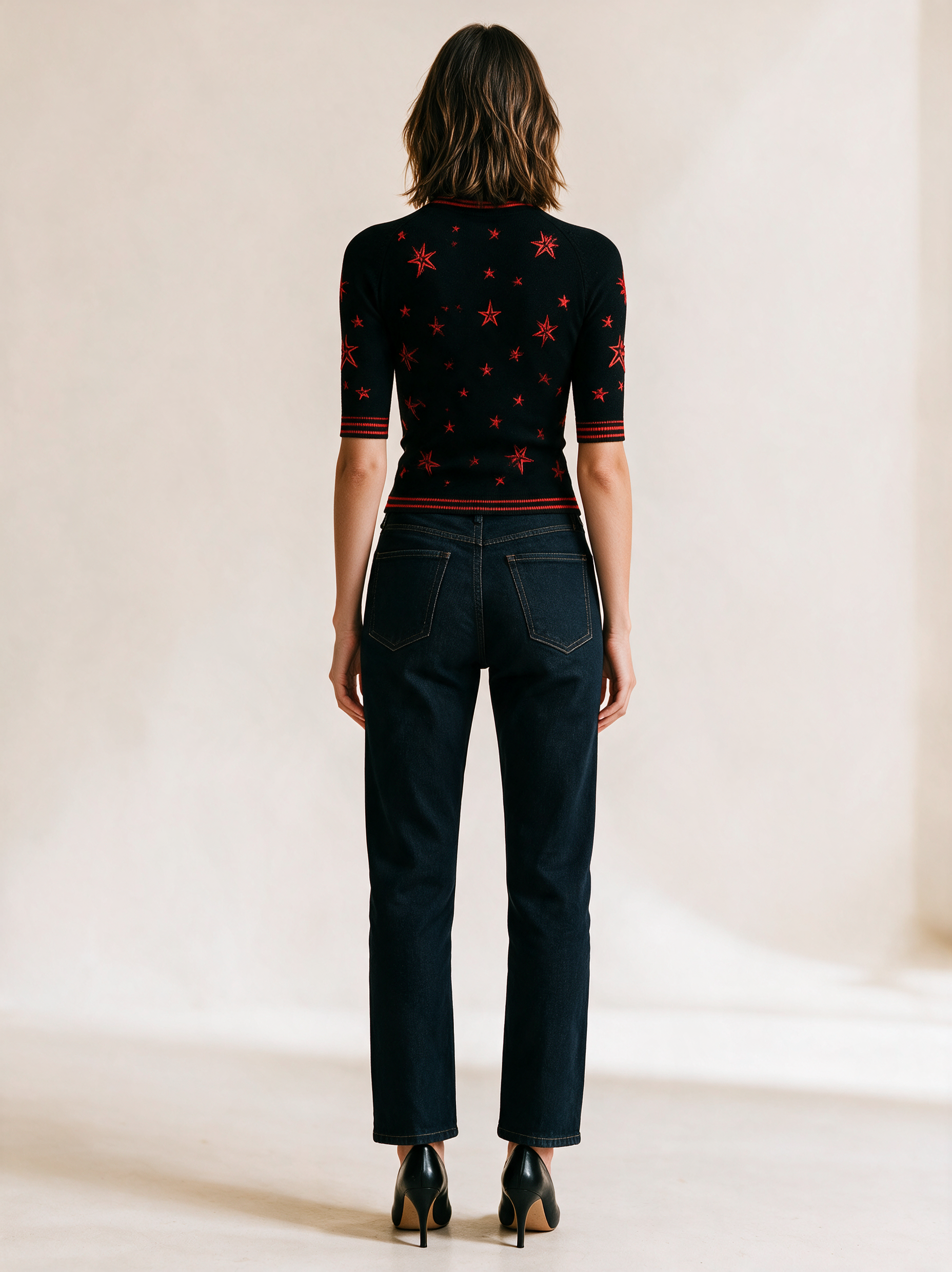 Black Star Print Zip-Neck Ribbed Knit Top With Red Stripe Trim