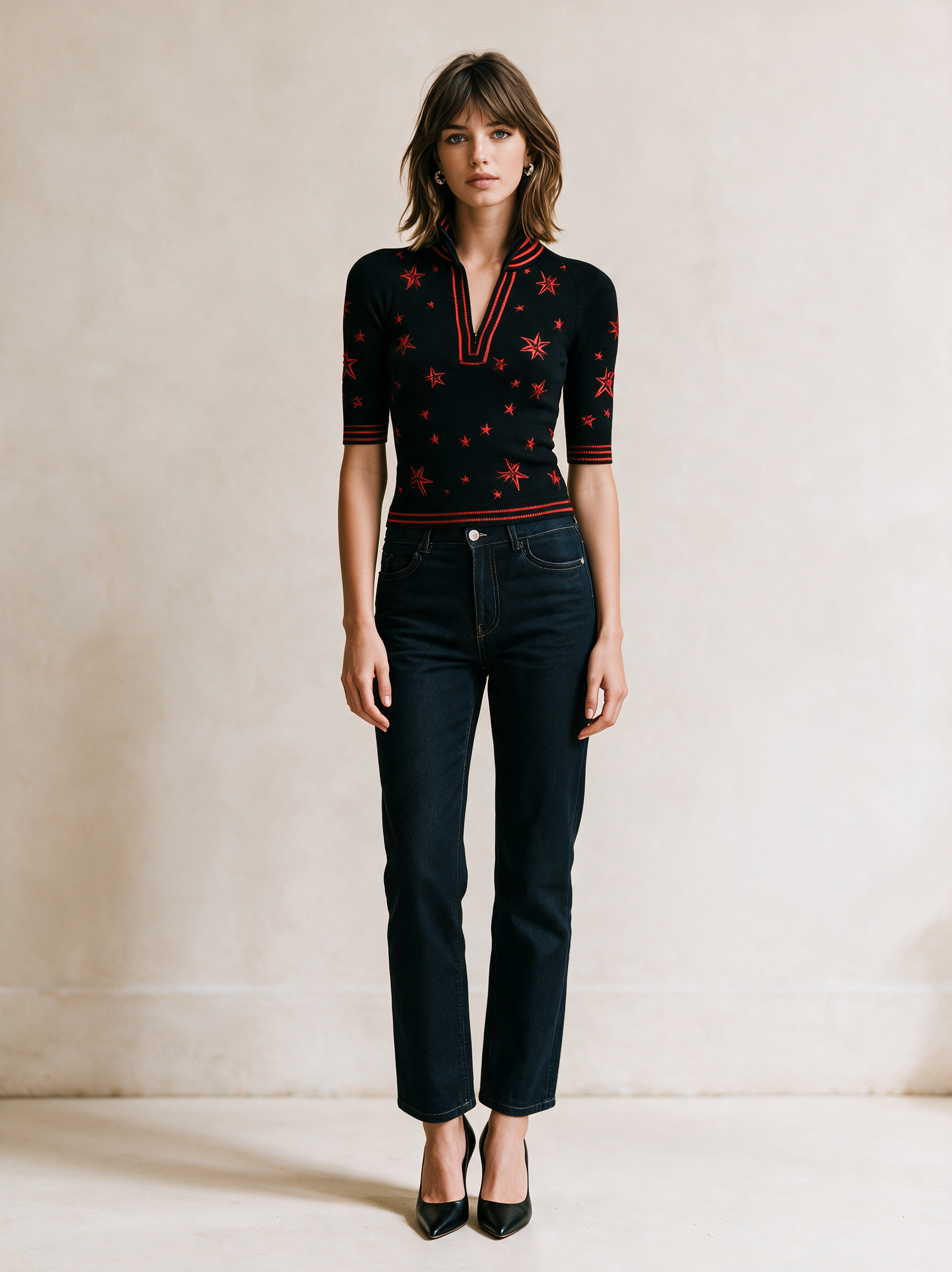 Black Star Print Zip-Neck Ribbed Knit Top With Red Stripe Trim