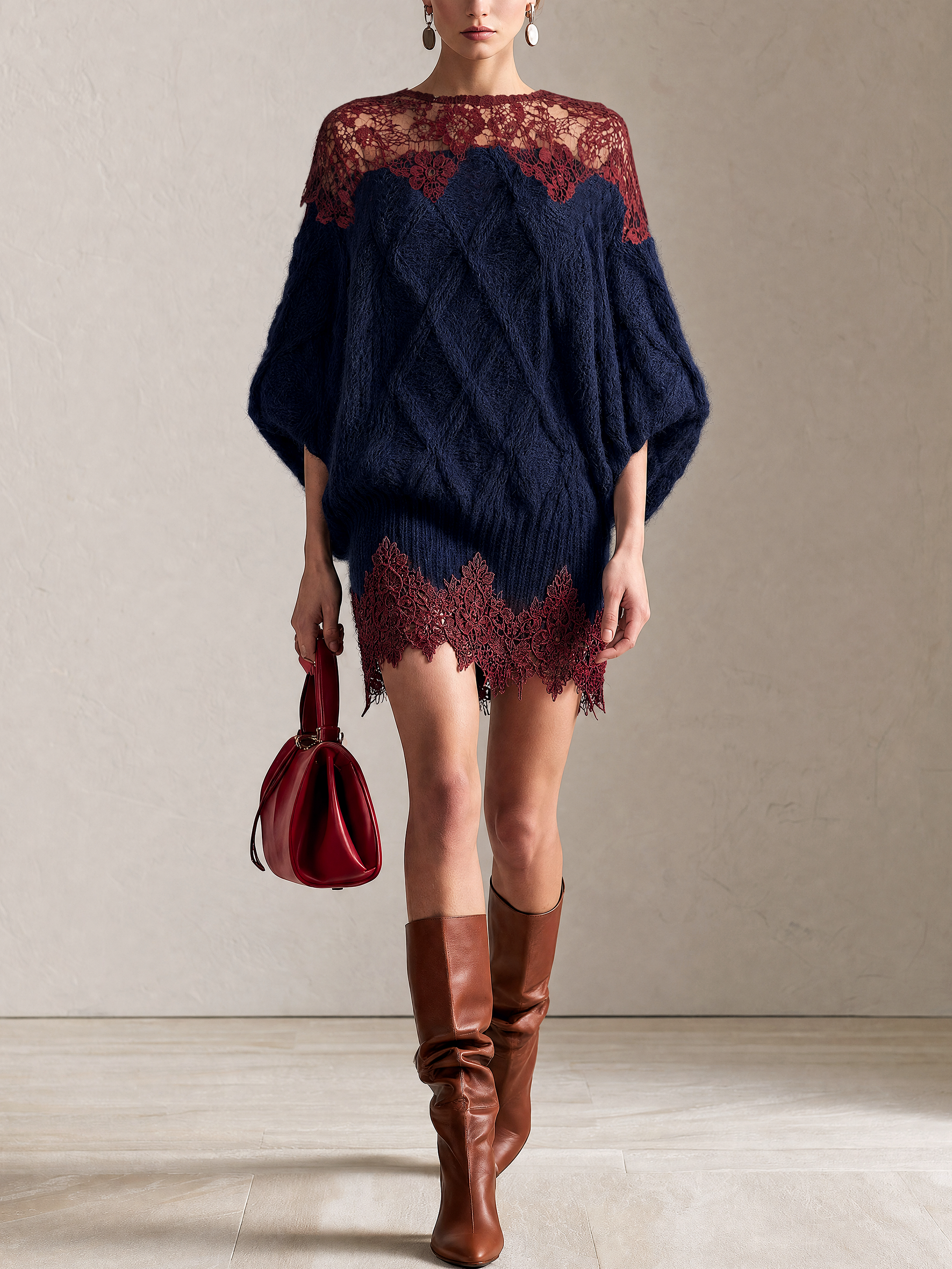 Wine‑Red Lace‑Trim Navy Cable‑Knit Batwing‑Sleeve Mini Dress
