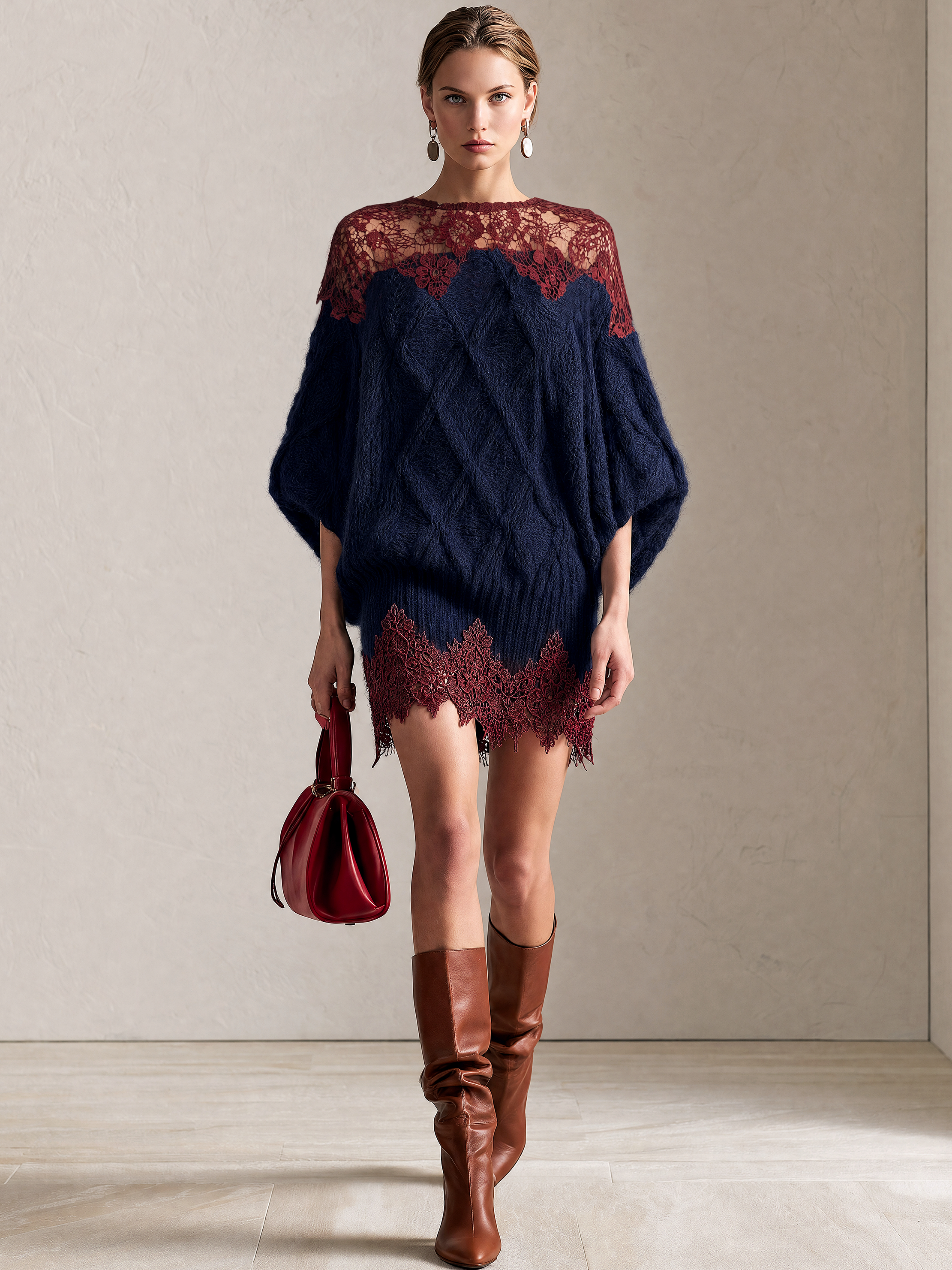 Wine‑Red Lace‑Trim Navy Cable‑Knit Batwing‑Sleeve Mini Dress