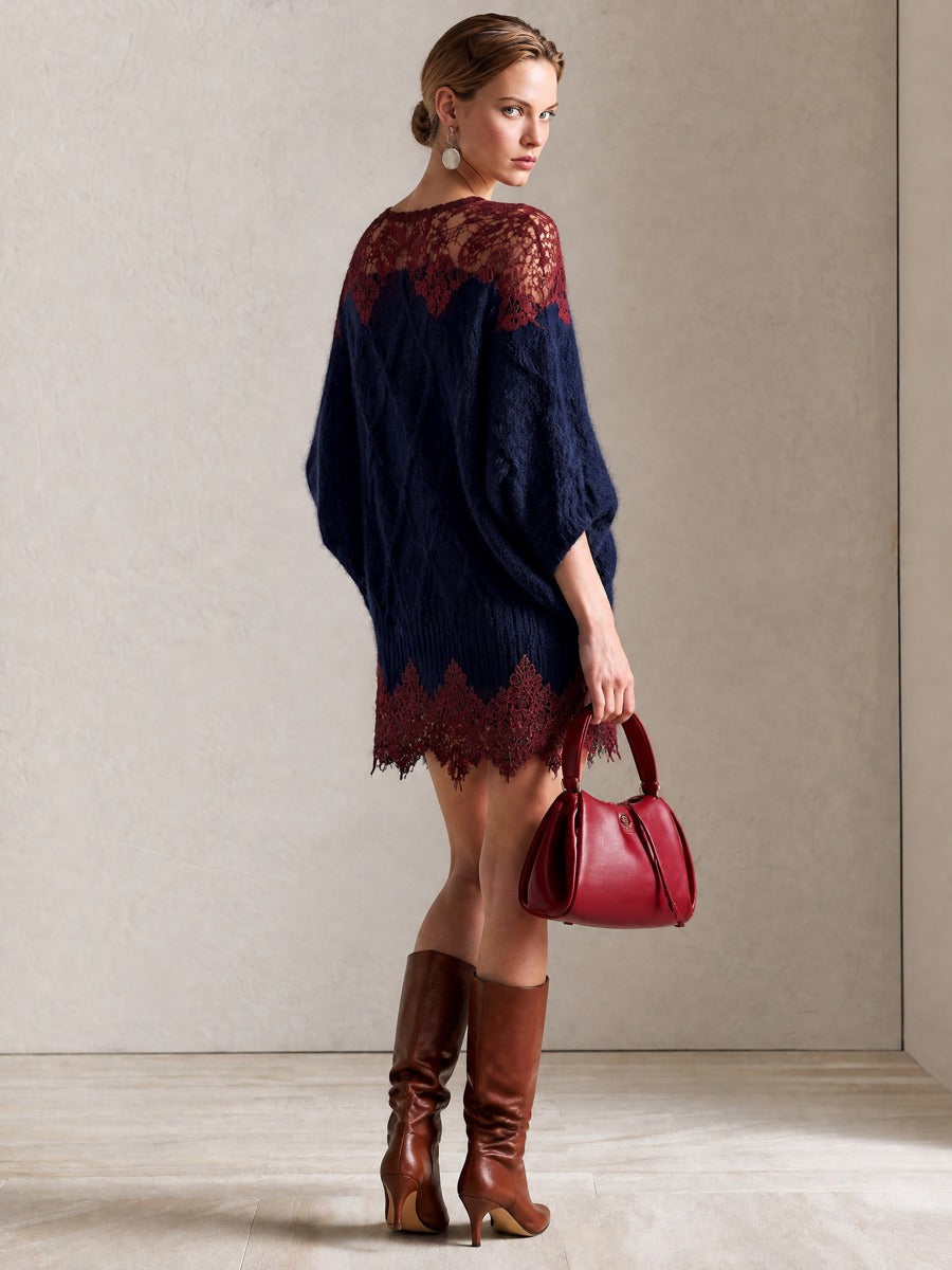 Wine‑Red Lace‑Trim Navy Cable‑Knit Batwing‑Sleeve Mini Dress