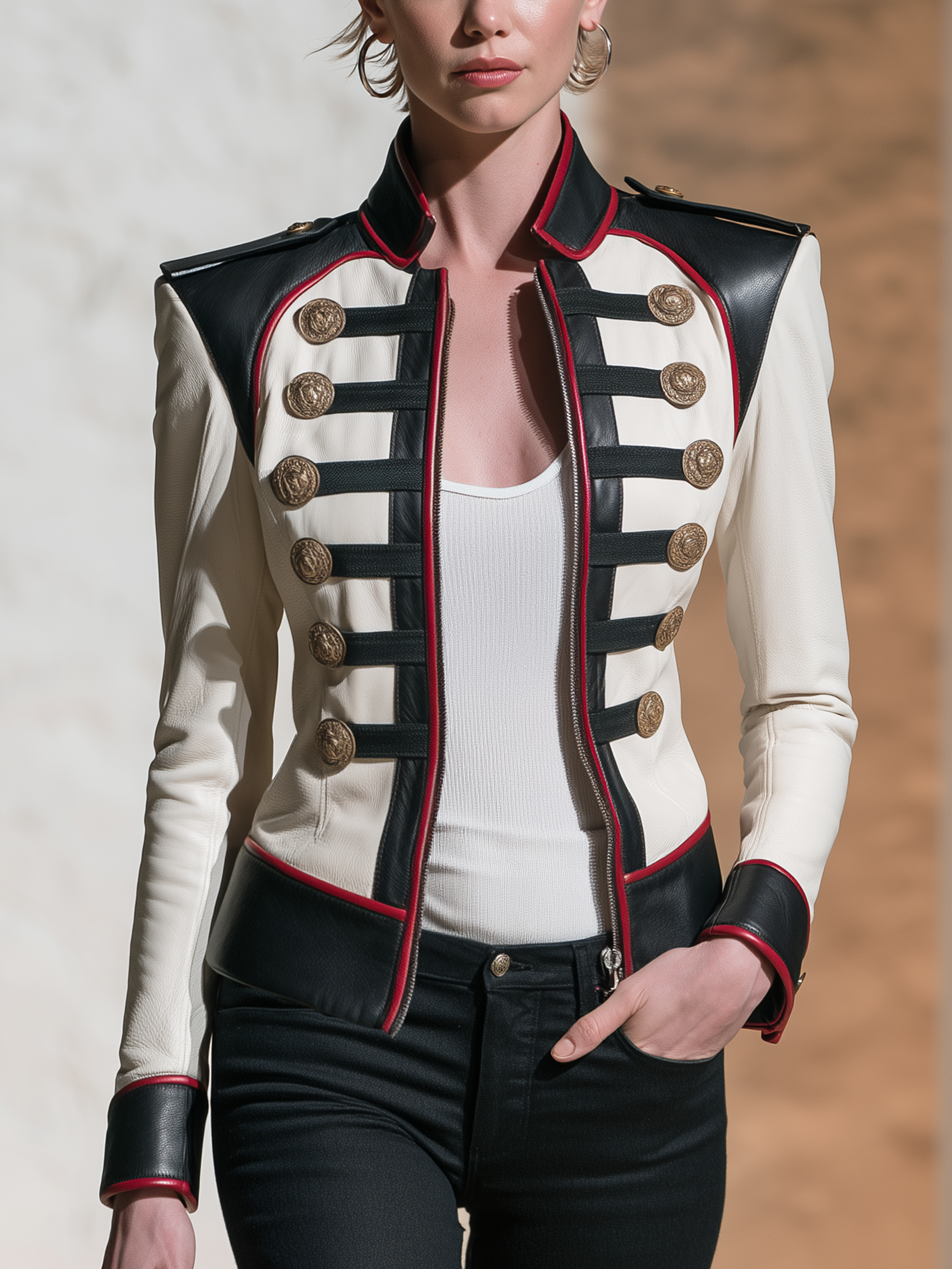 Color‑Block Stand‑Collar Gold‑Button Fitted Short Leather Jacket