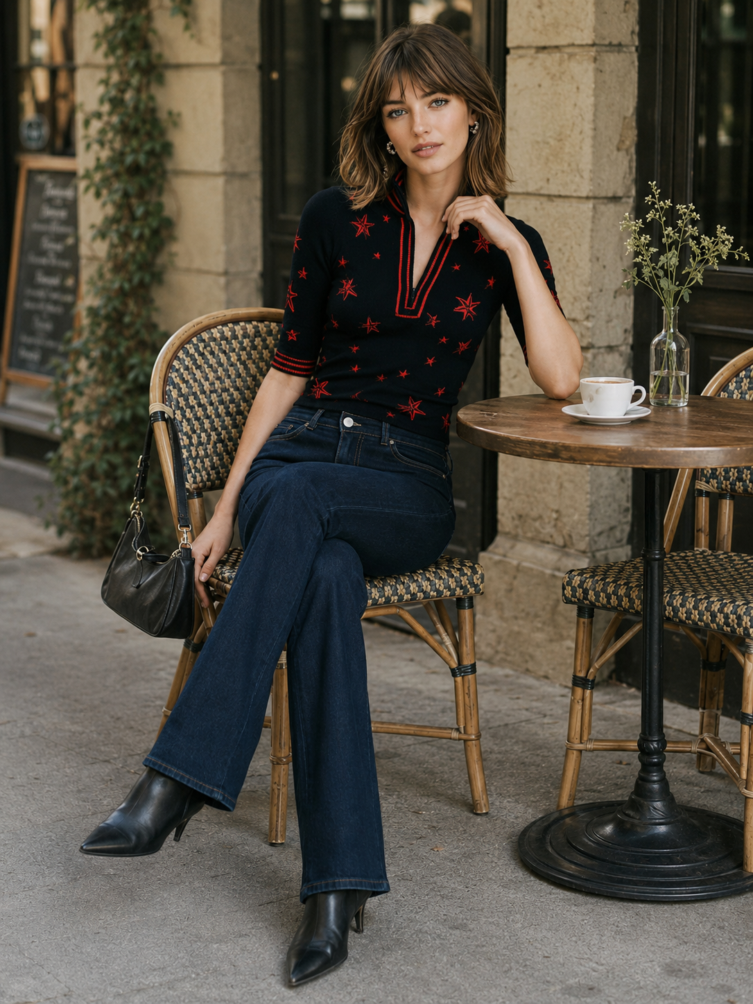 Black Star Print Zip-Neck Ribbed Knit Top With Red Stripe Trim