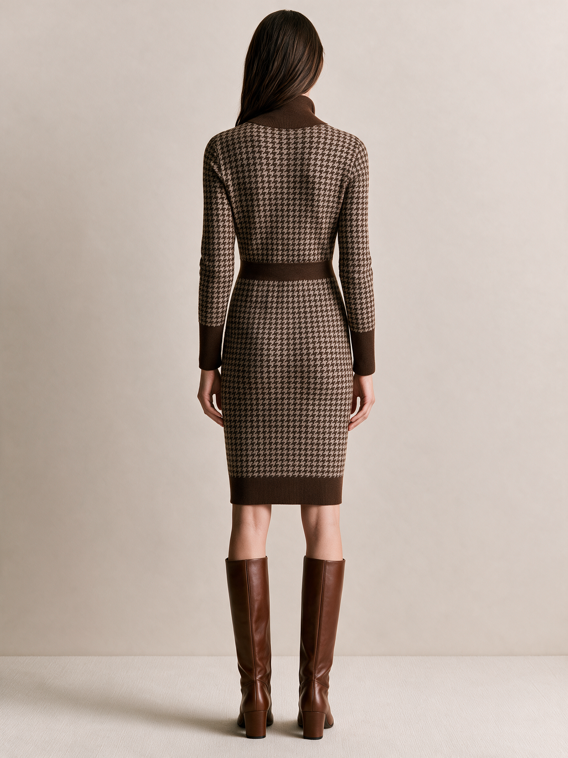 Camel Houndstooth Half-Zip Knit Midi Dress
