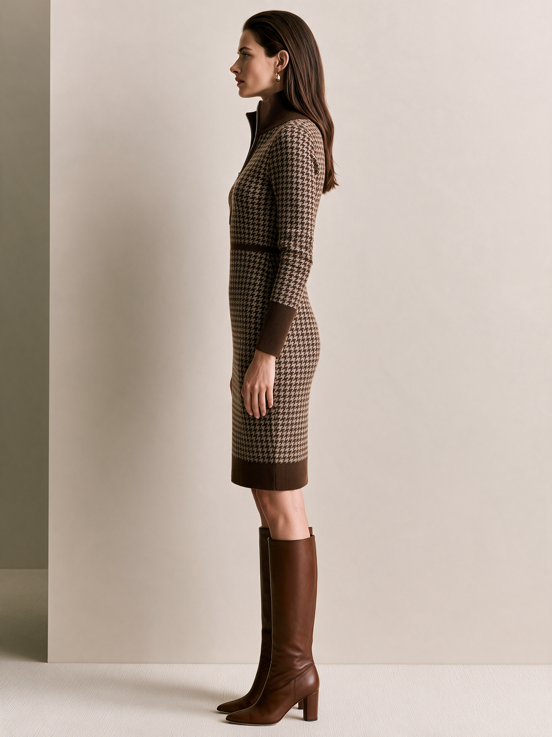 Camel Houndstooth Half-Zip Knit Midi Dress