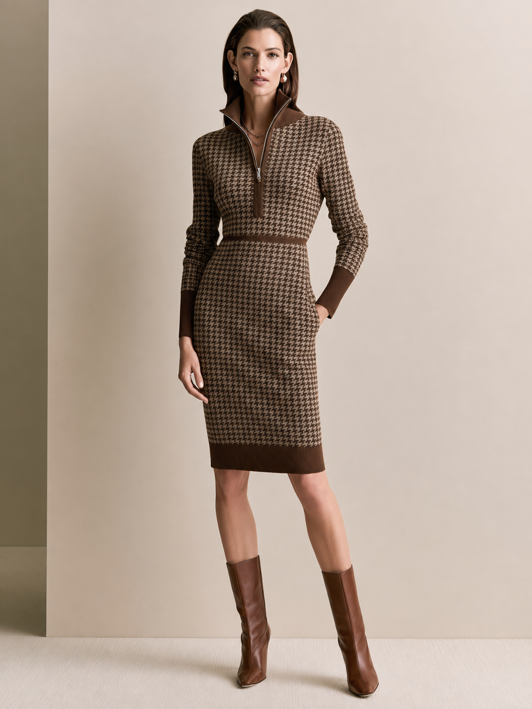 Camel Houndstooth Half-Zip Knit Midi Dress