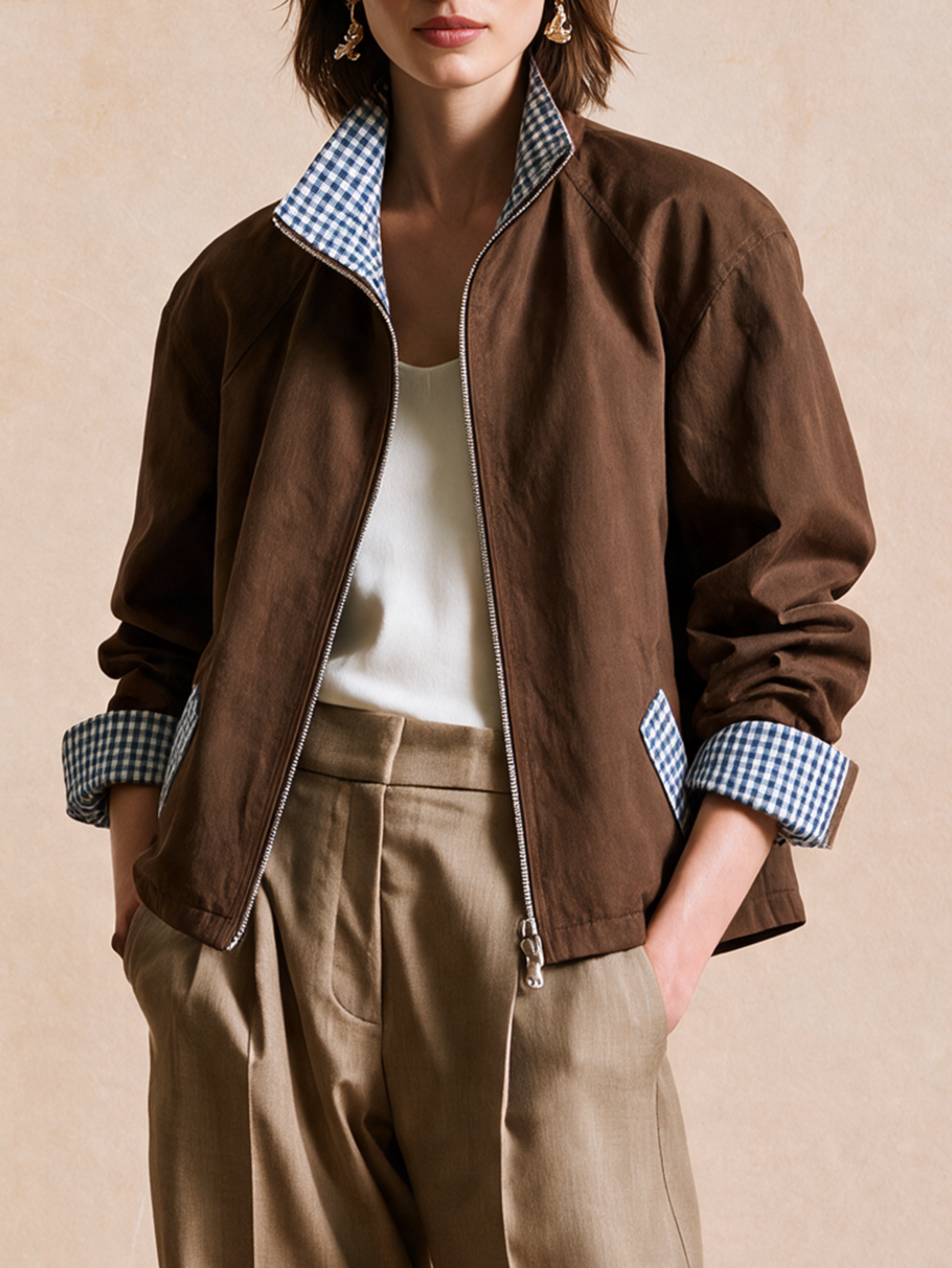 Elegant Dark Brown & Blue Gingham Contrast Jacket
