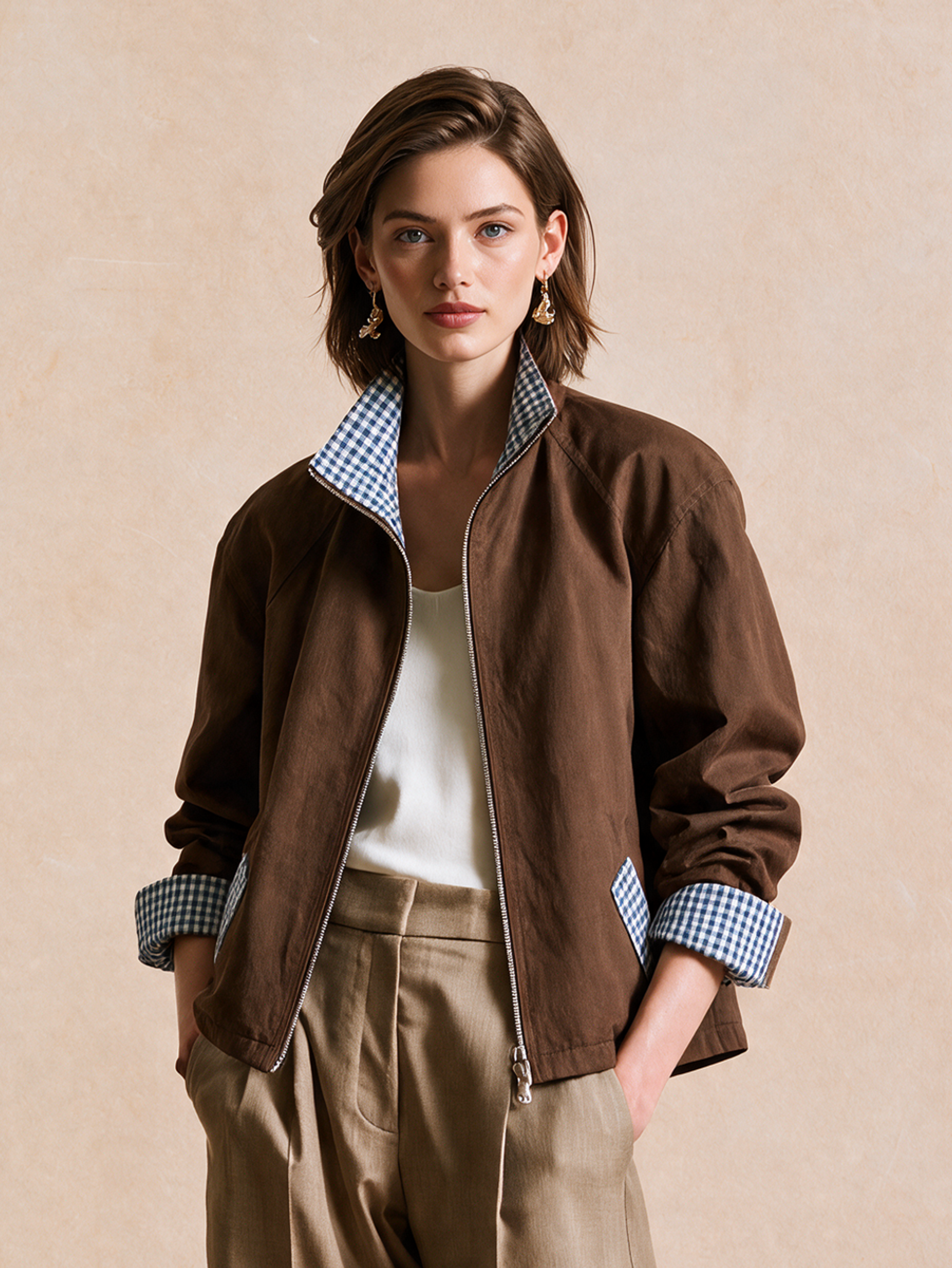 Elegant Dark Brown & Blue Gingham Contrast Jacket