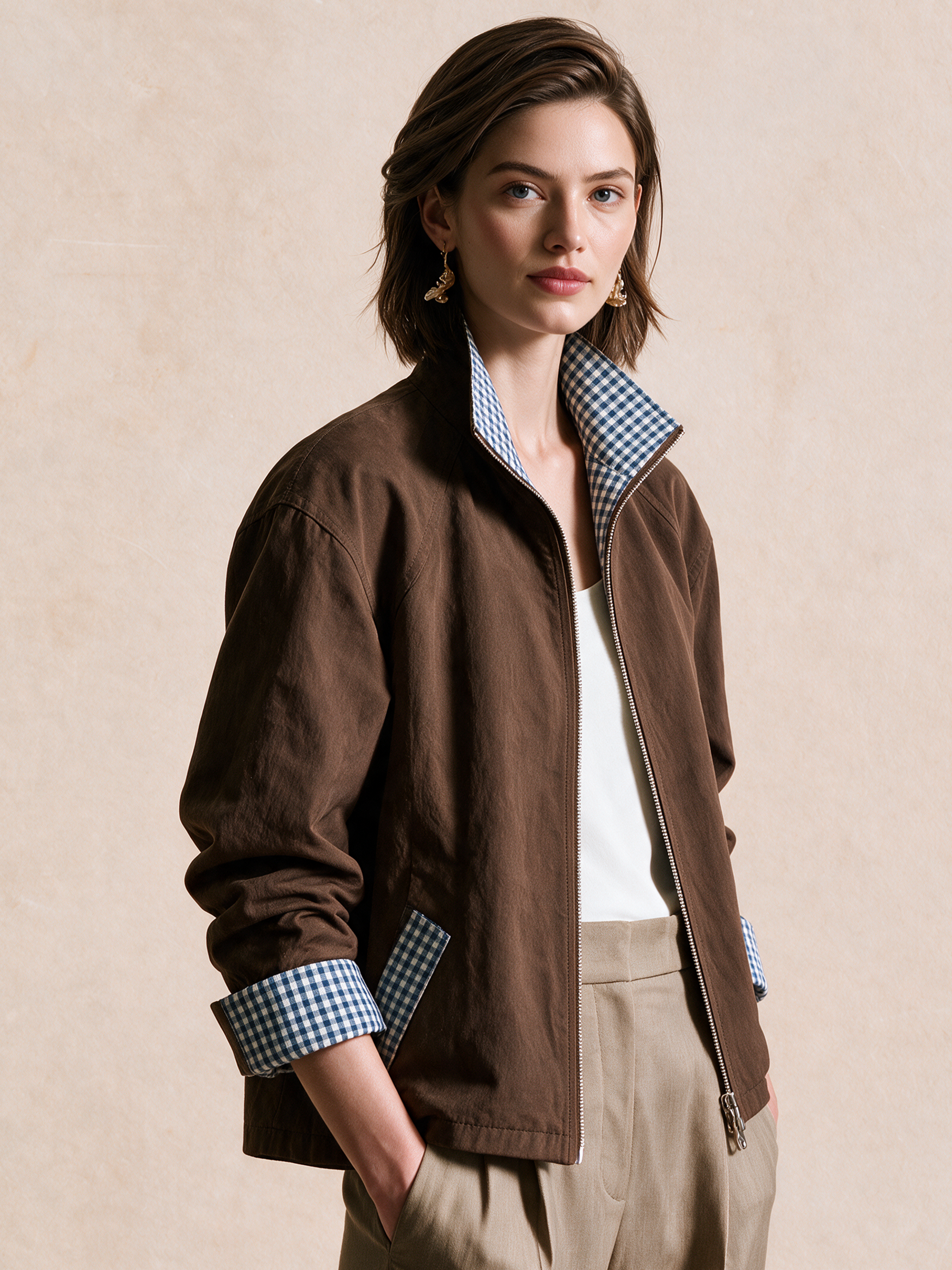 Elegant Dark Brown & Blue Gingham Contrast Jacket