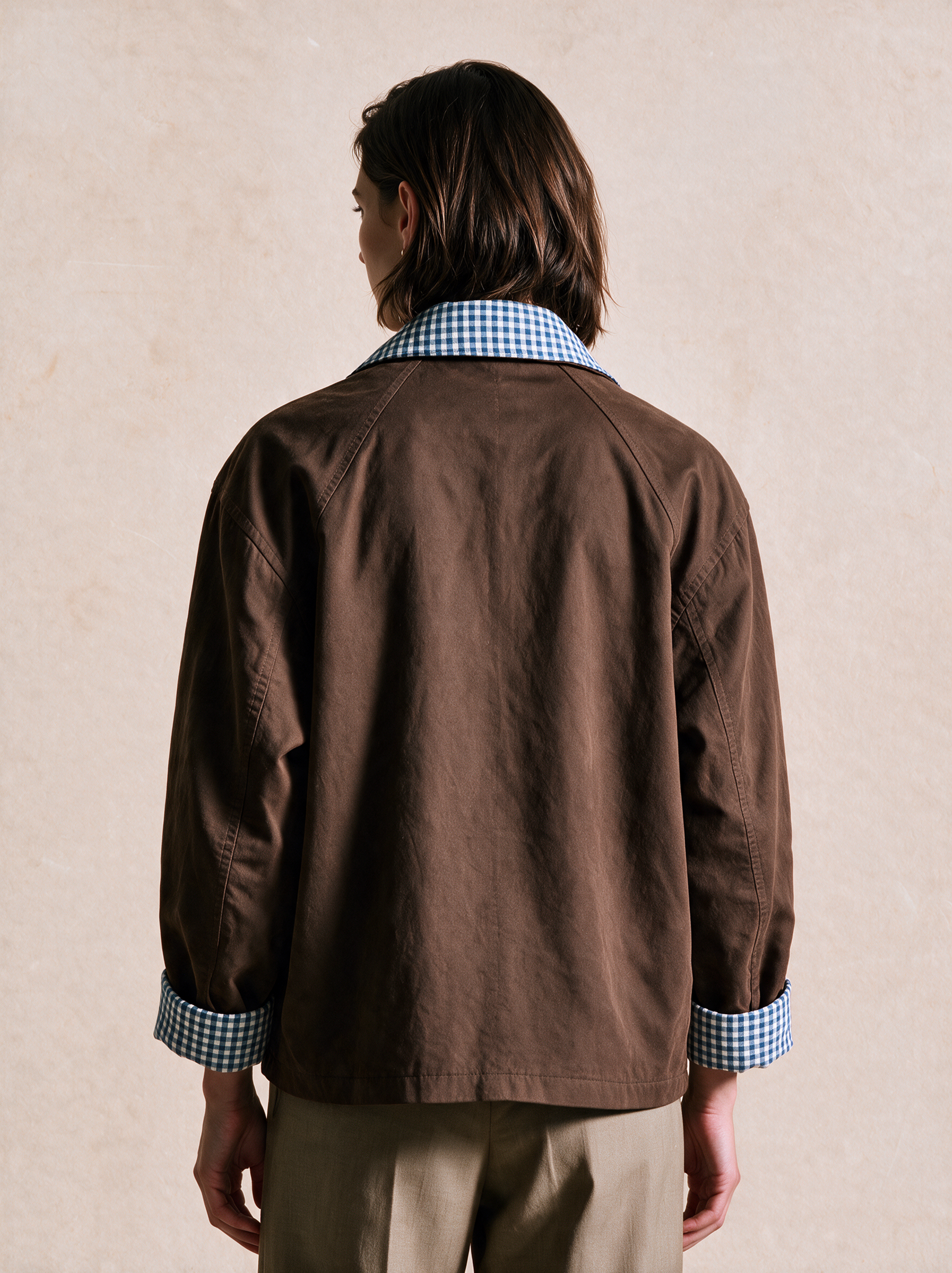 Elegant Dark Brown & Blue Gingham Contrast Jacket