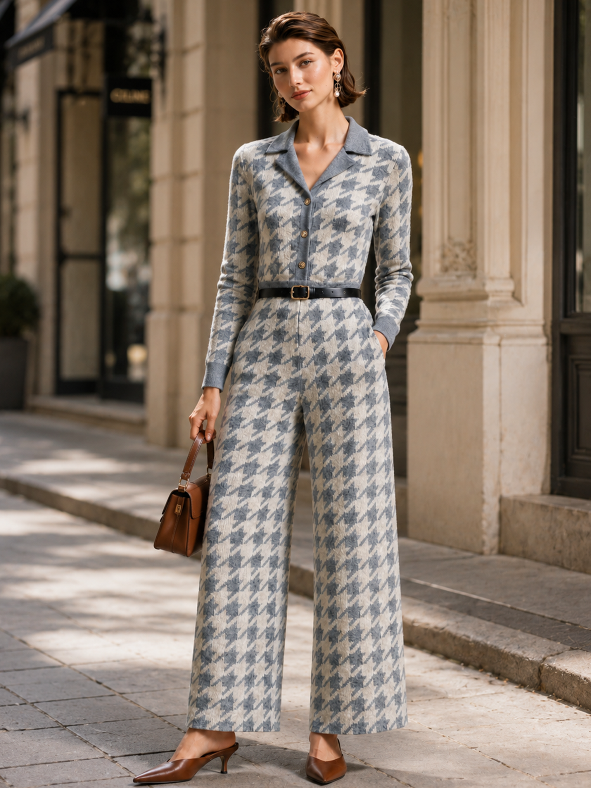 Elegant Light Gray & Ivory Houndstooth Knit Jumpsuit