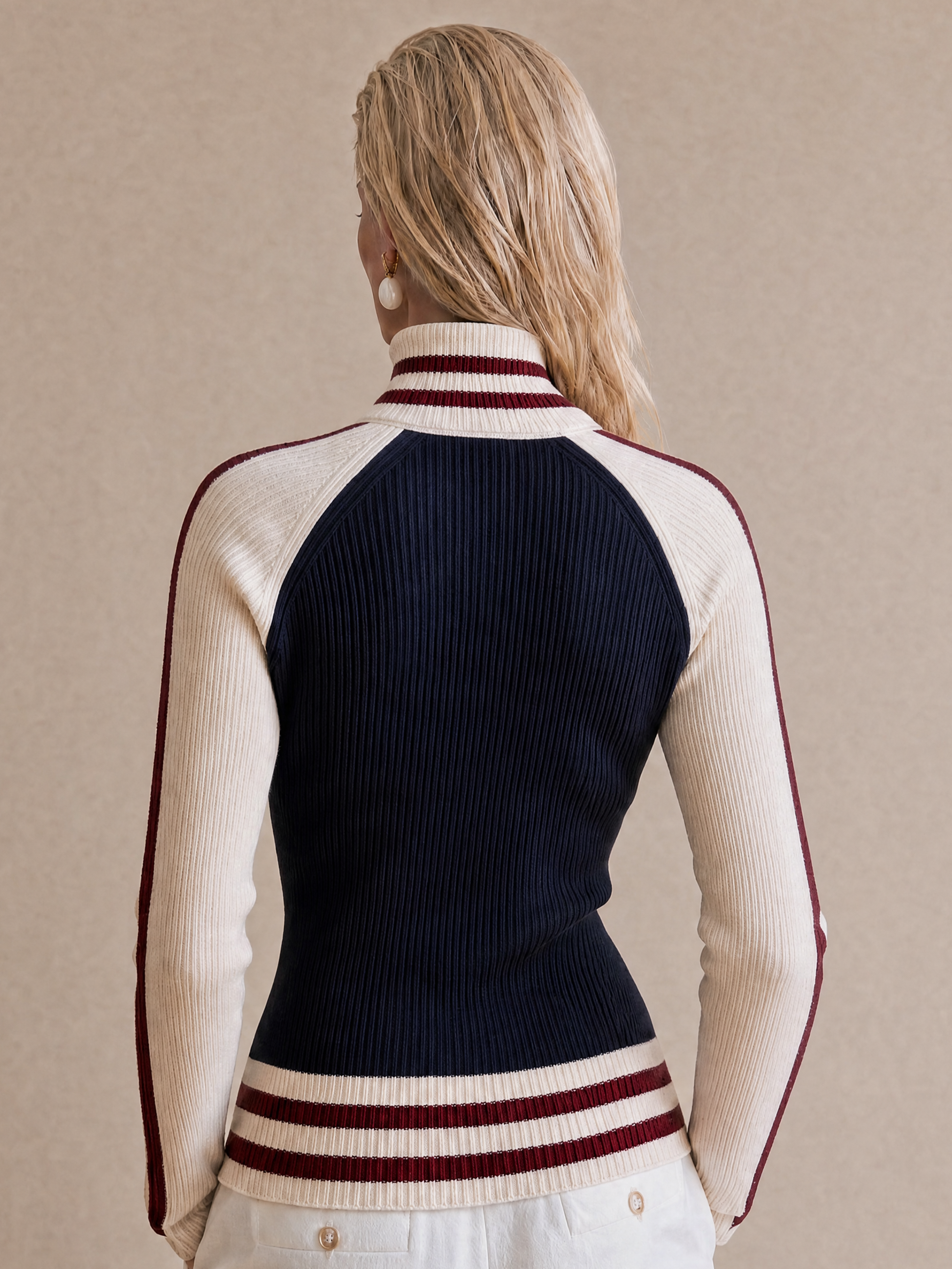 Elegant Navy, Ivory & Burgundy Contrast Knit Cardigan