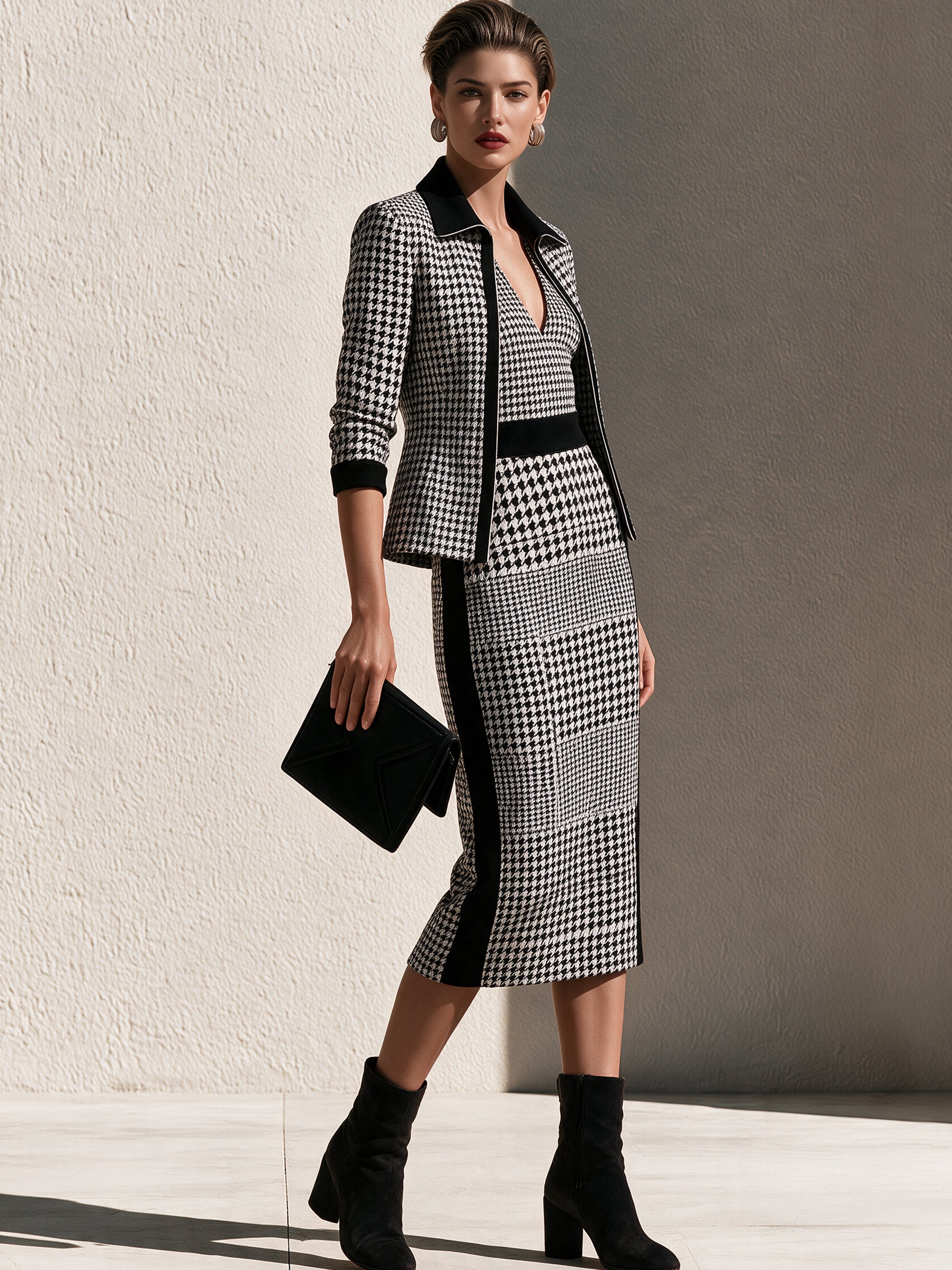 Houndstooth Black Piping Trim Jacket & Midi Dress Set