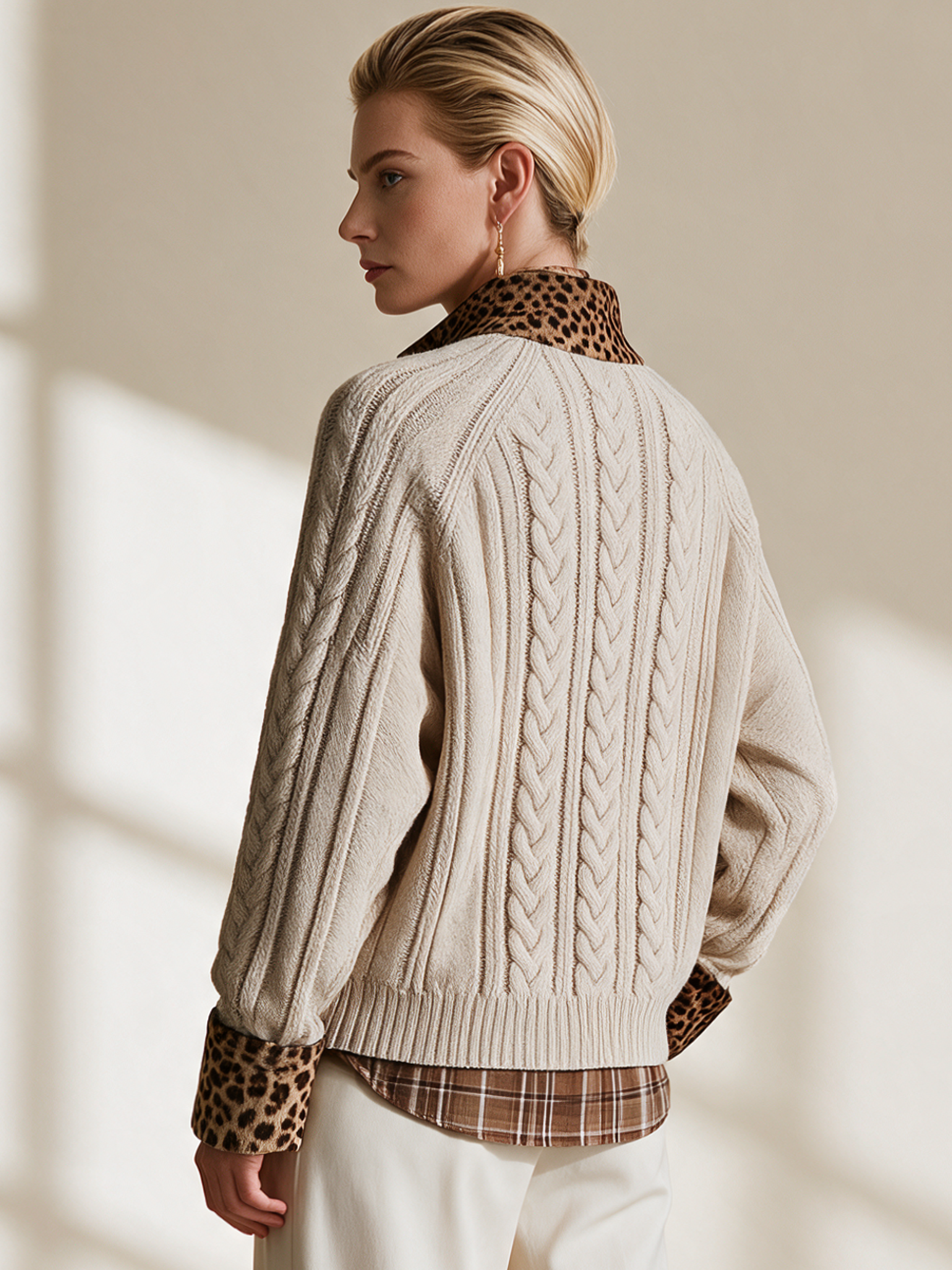 Cream Cable‑Knit Leopard‑Trim Stand‑Collar Zip‑Up Cardigan