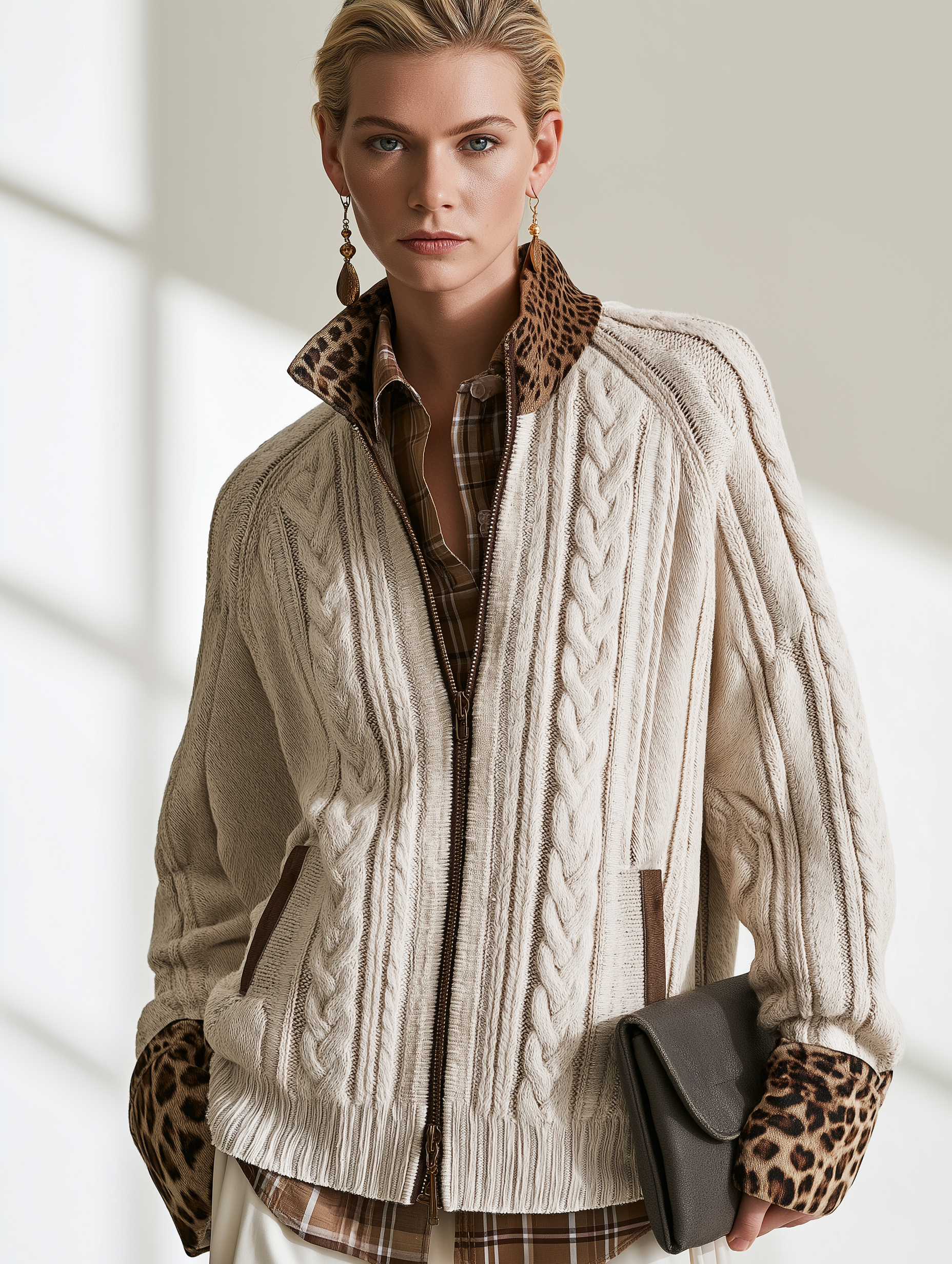 Cream Cable‑Knit Leopard‑Trim Stand‑Collar Zip‑Up Cardigan