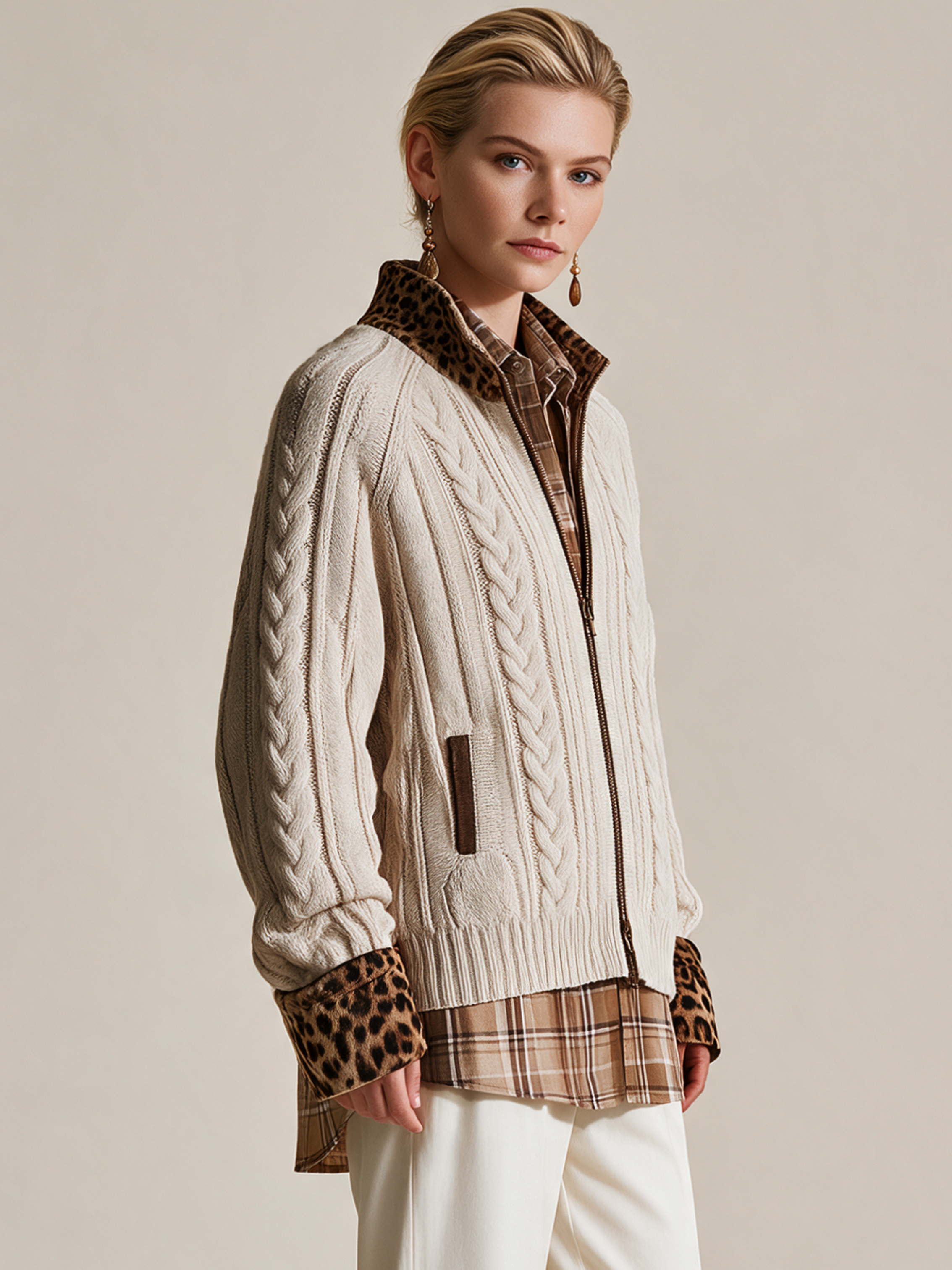Cream Cable‑Knit Leopard‑Trim Stand‑Collar Zip‑Up Cardigan