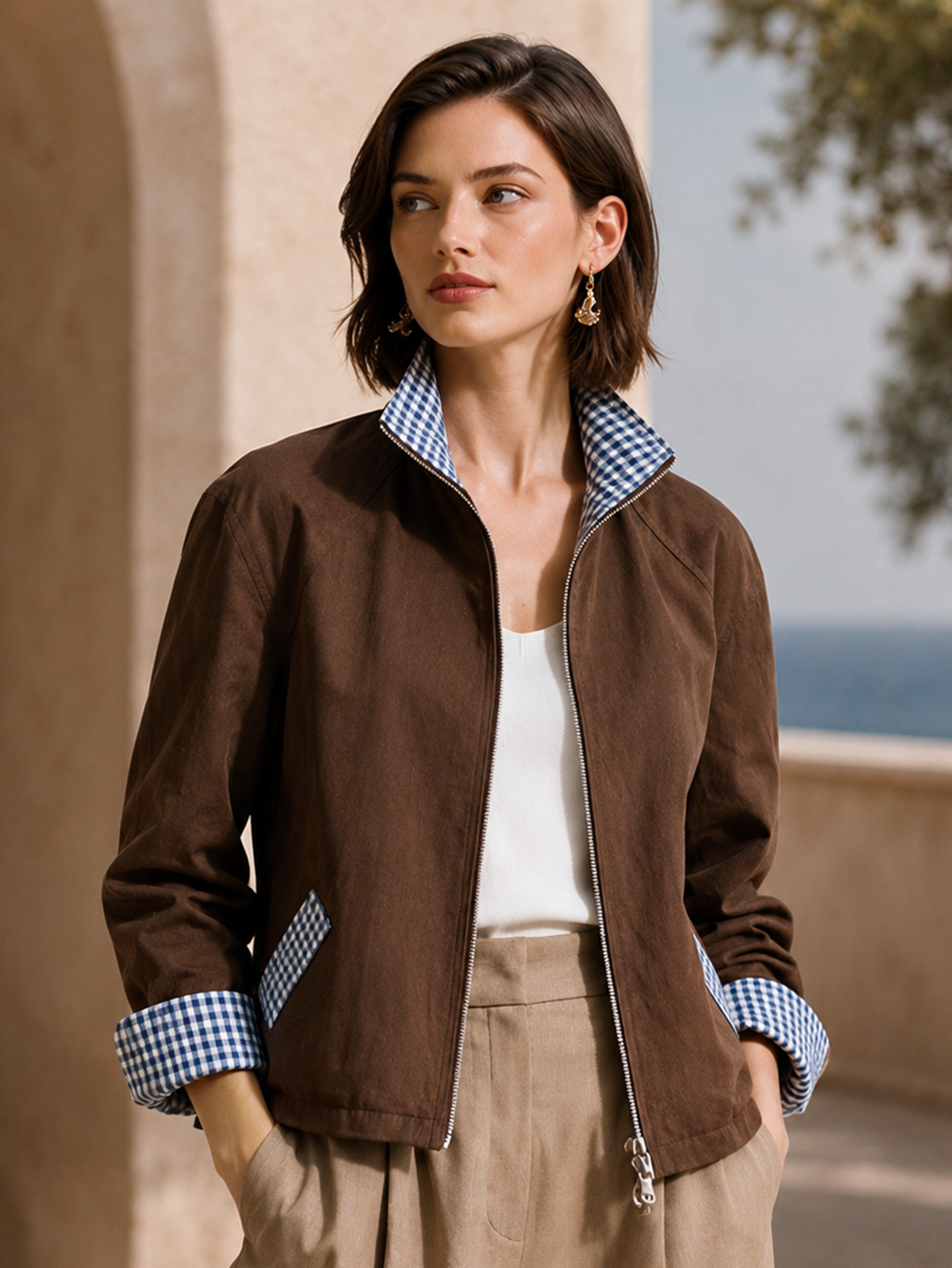 Elegant Dark Brown & Blue Gingham Contrast Jacket