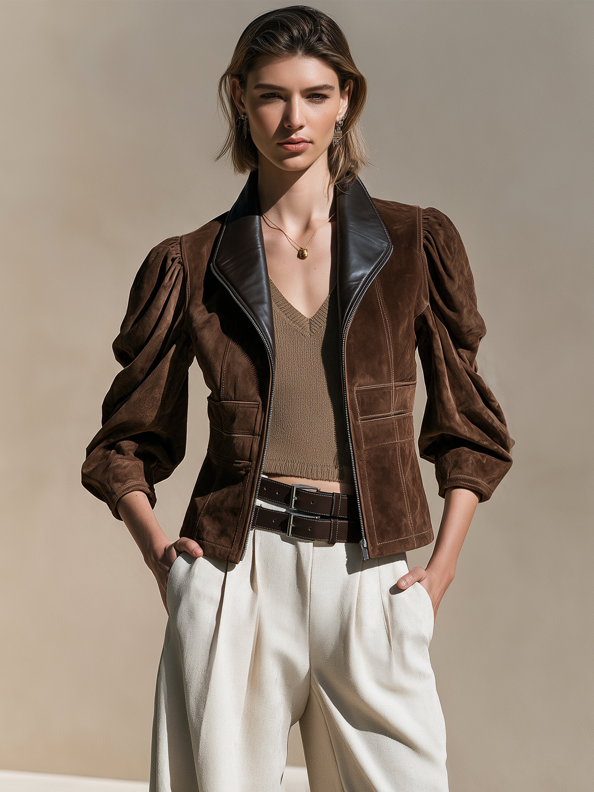Suede Leather Lapel Zip‑Front Jacket