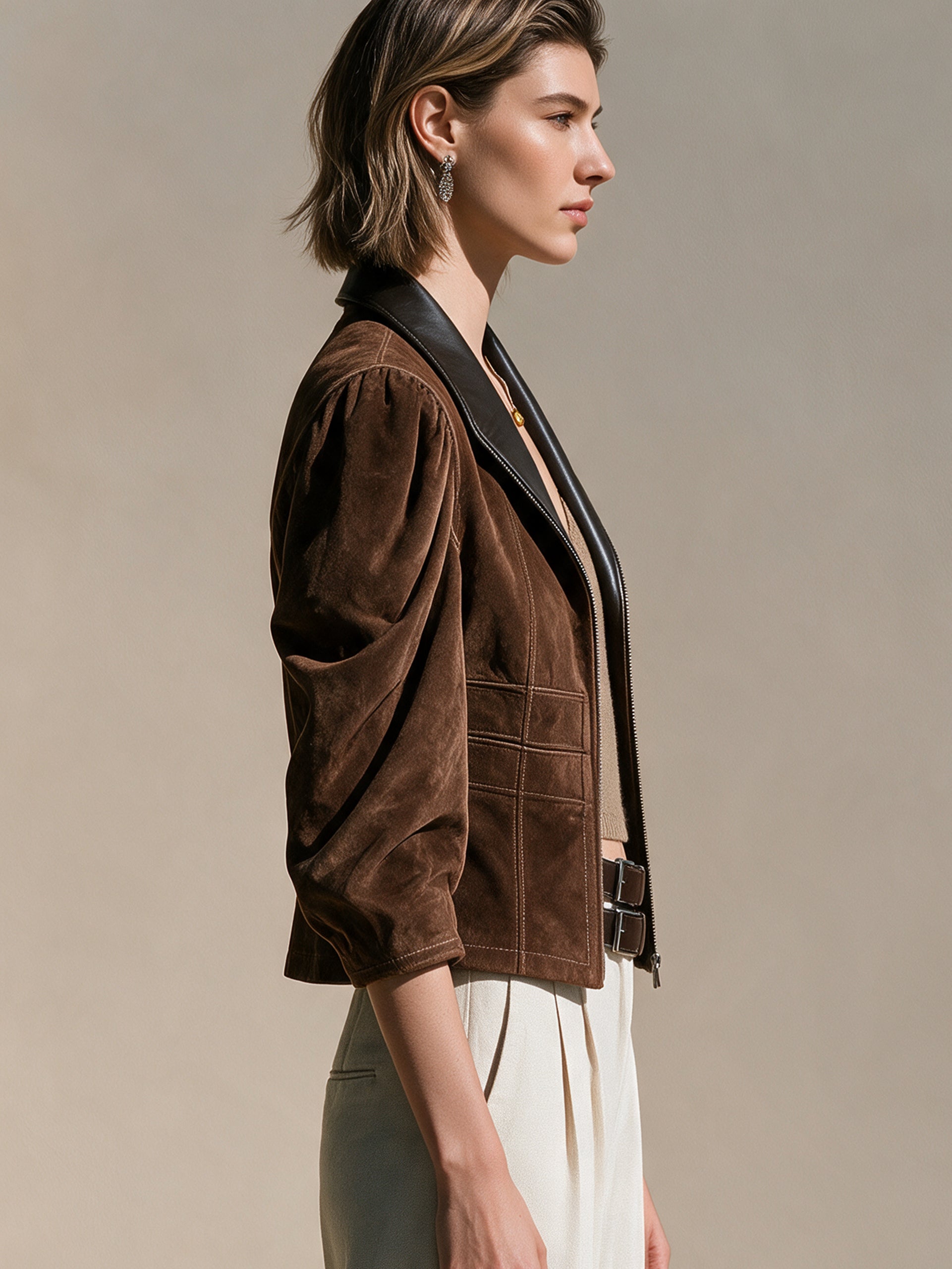 Suede Leather Lapel Zip‑Front Jacket