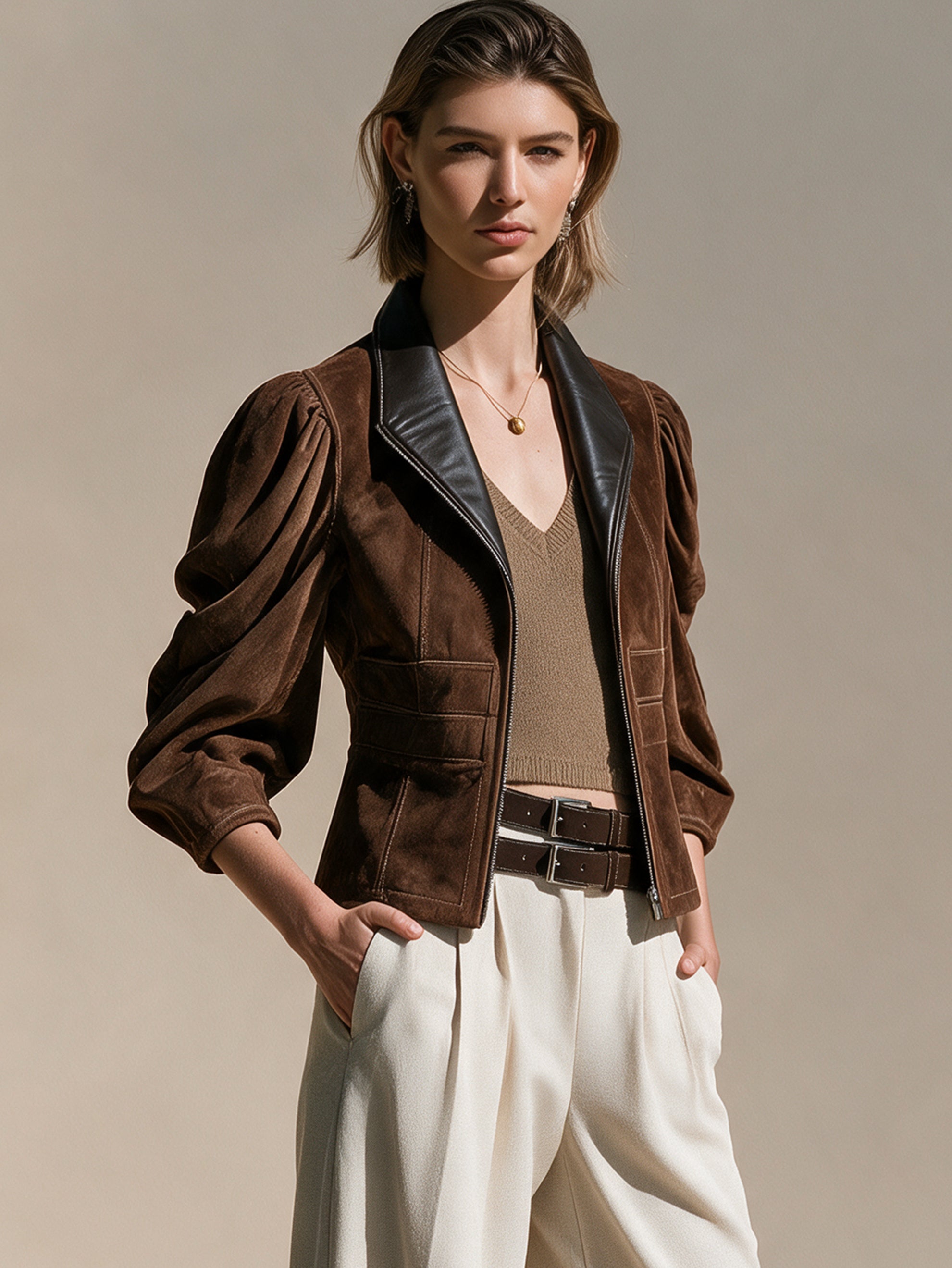 Suede Leather Lapel Zip‑Front Jacket