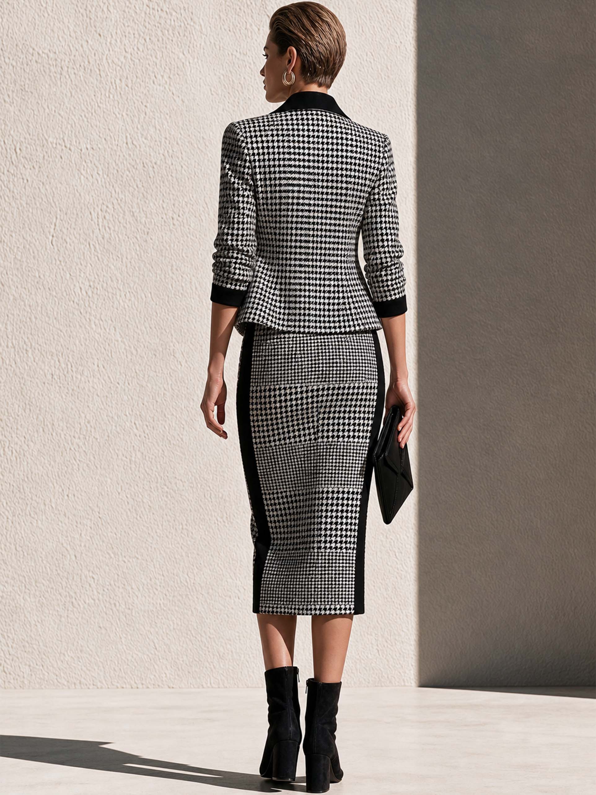 Houndstooth Black Piping Trim Jacket & Midi Dress Set
