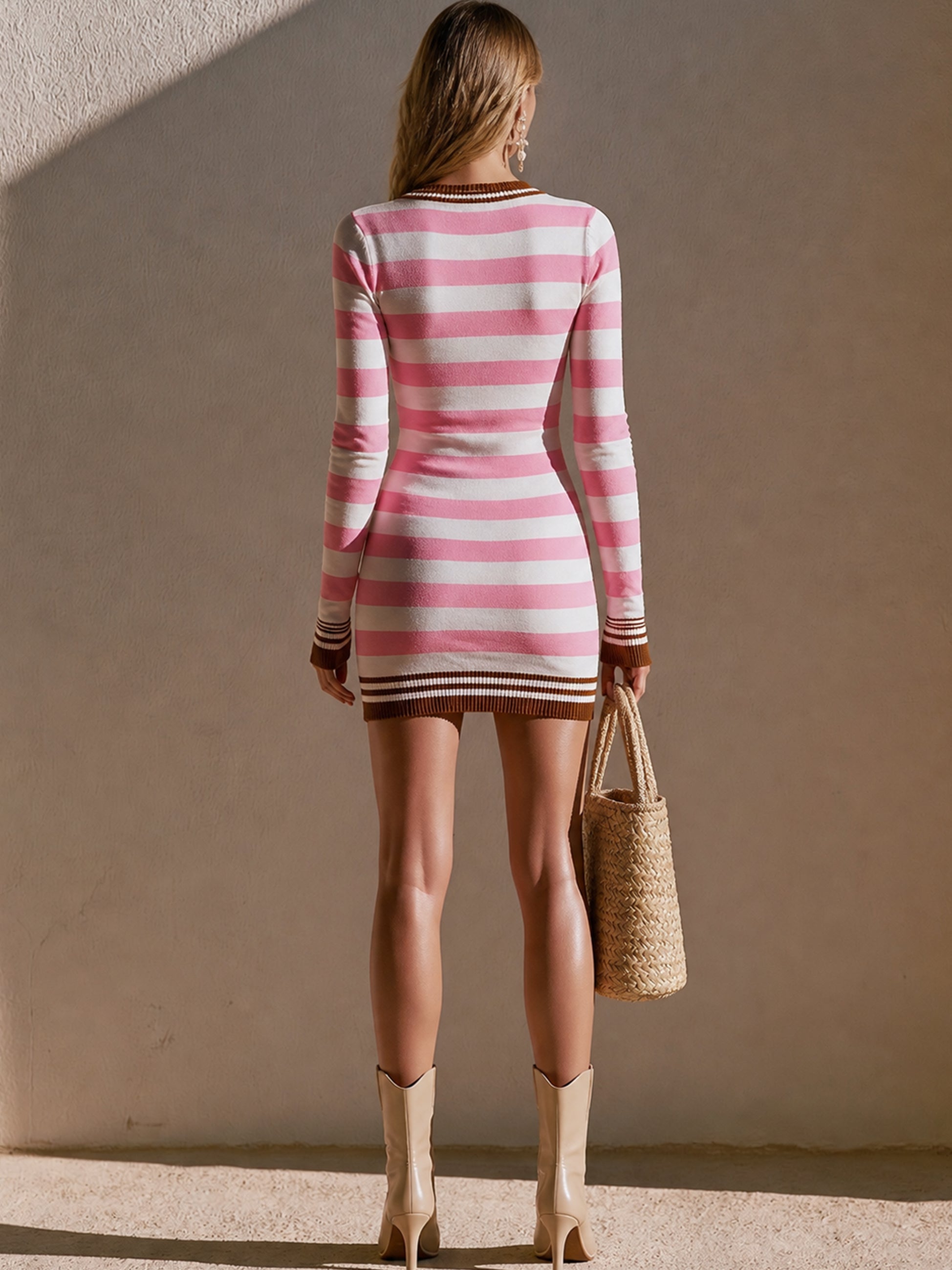 Pink‑White Stripe V‑Neck Knit Mini Dress