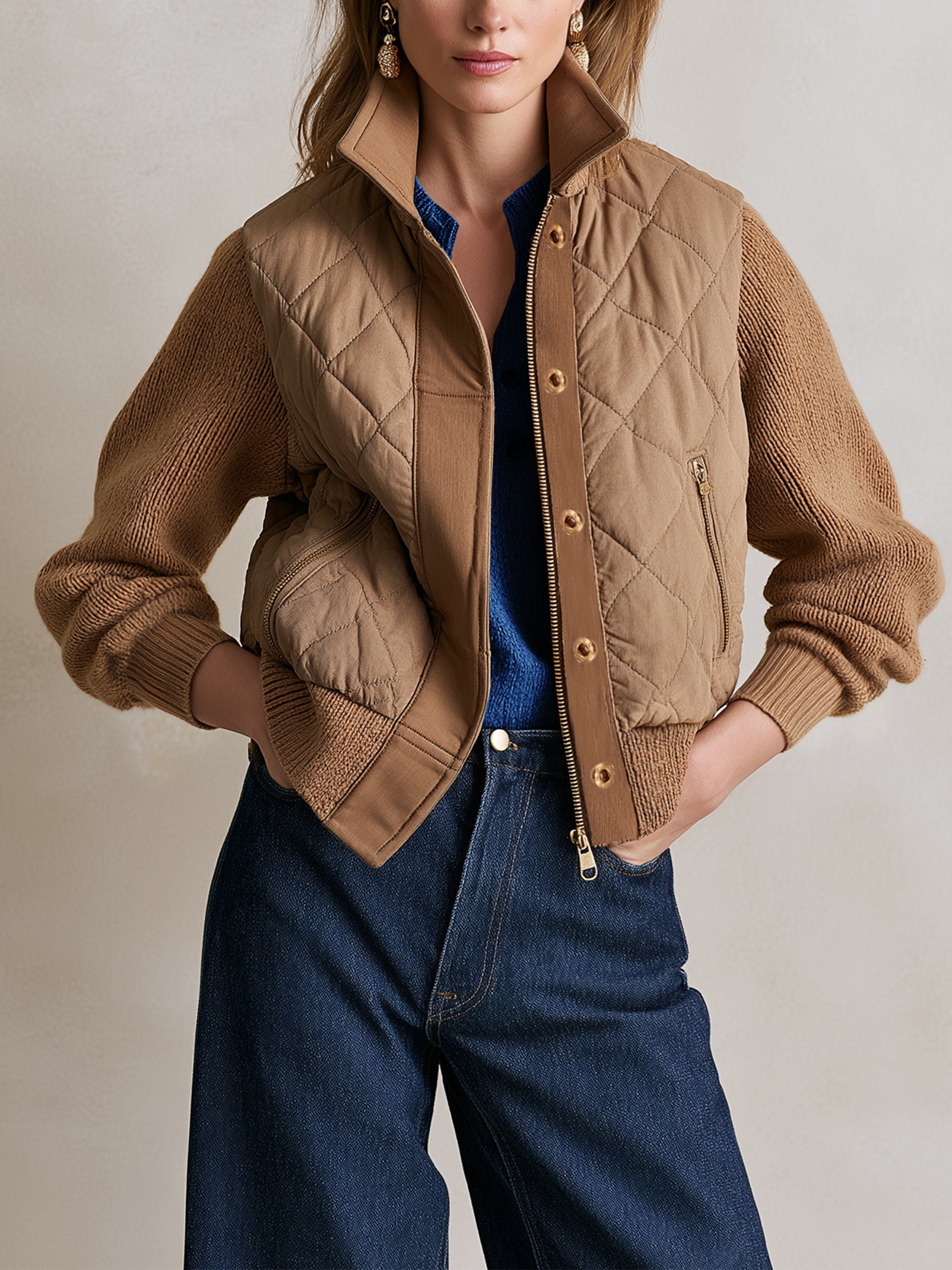 Faux‑Layer Knit‑Sleeve Jacket Outerwear