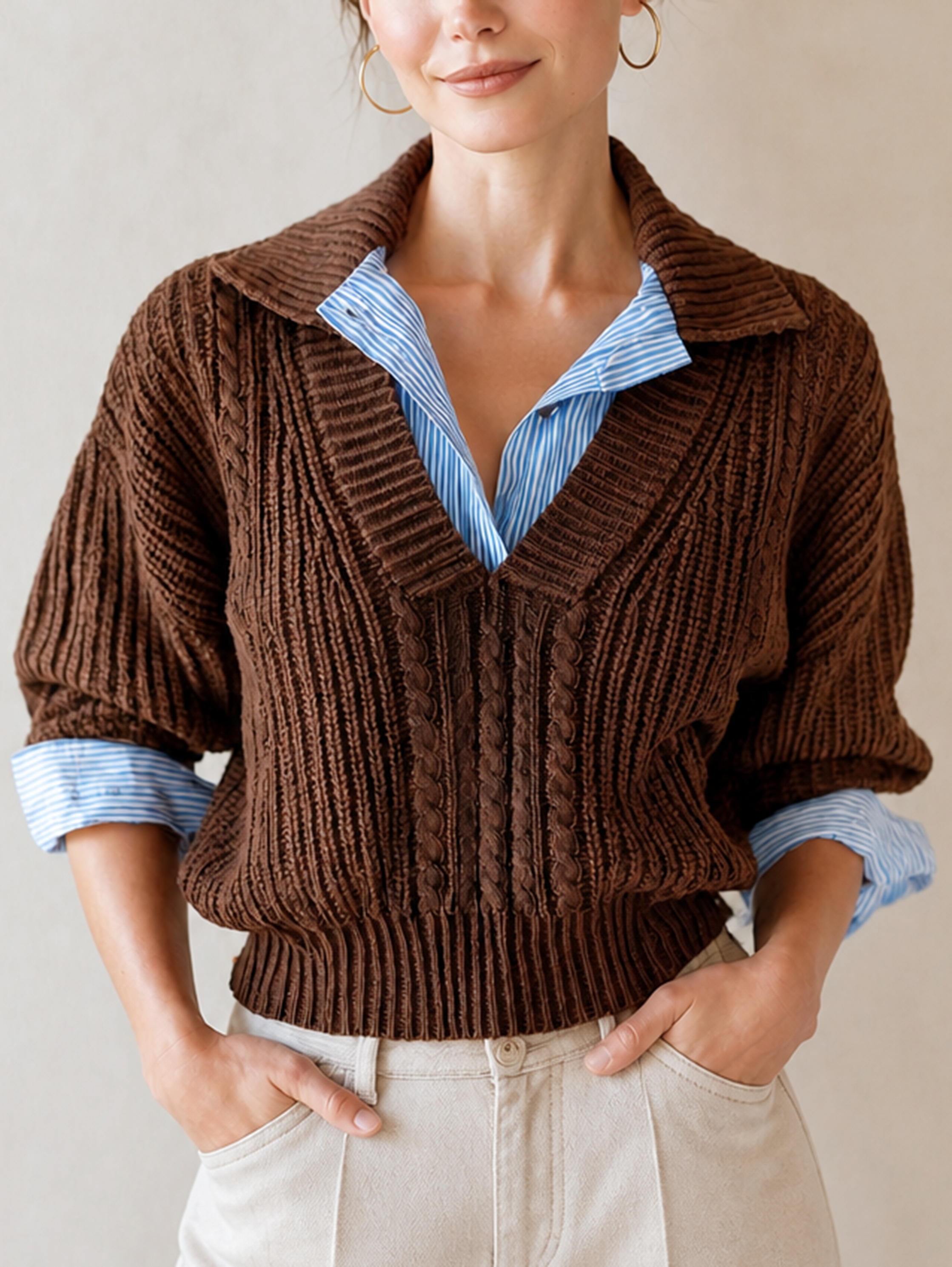 Brown Cable‑Knit Collared Fake Two‑Piece Pullover